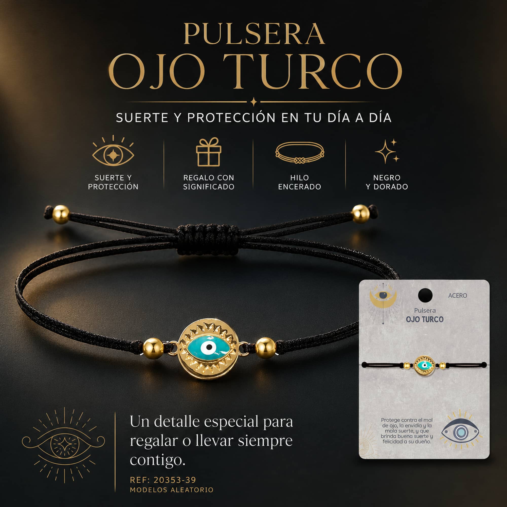 Pulsera Hilo encerado Negro CON OJO TURCO Dorado