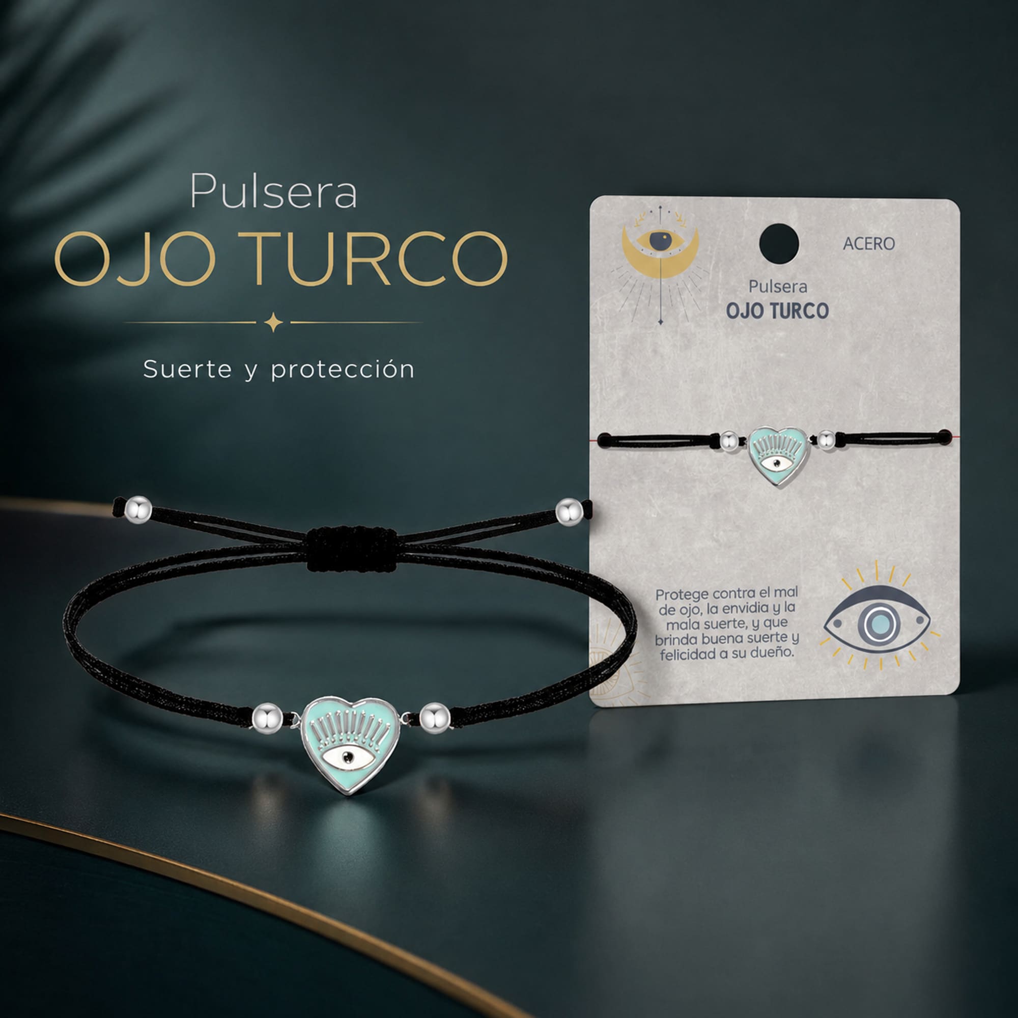 Pulsera Hilo encerado Negro CON OJO TURCO Plateado