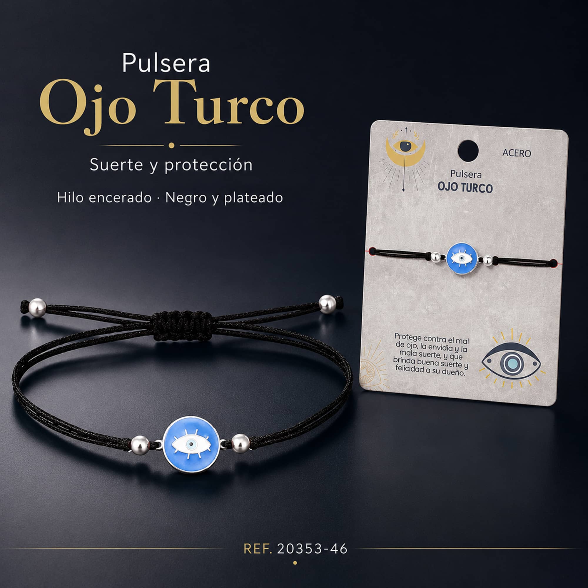 Pulsera Hilo encerado Negro CON OJO TURCO Plateado