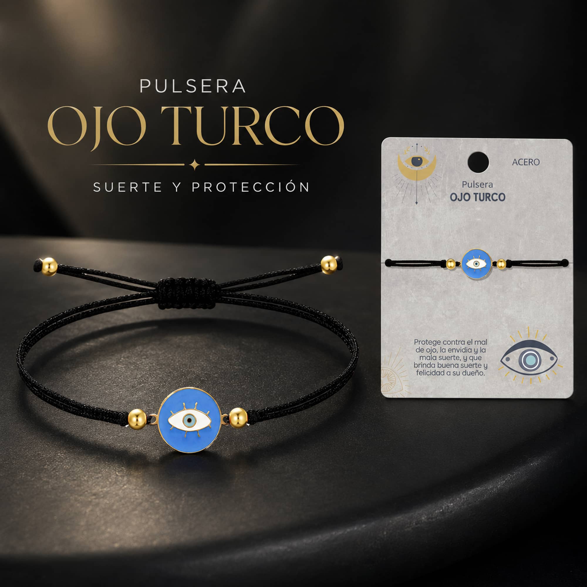 Pulsera Hilo encerado Negro CON OJO TURCO Dorado