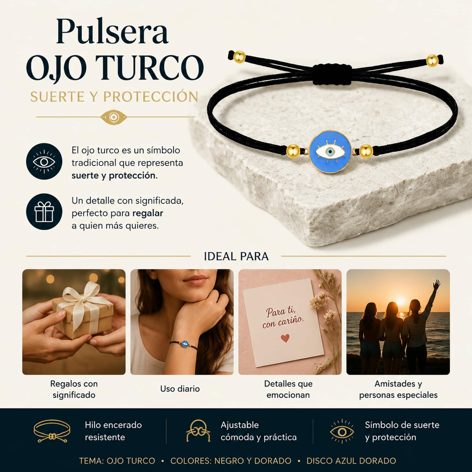 Pulsera Hilo encerado Negro CON OJO TURCO Dorado