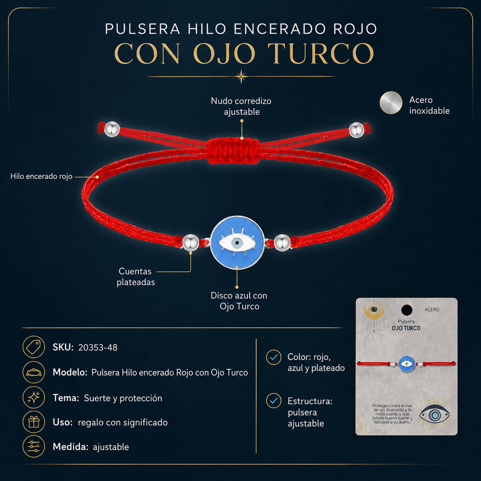 Pulsera Hilo encerado Rojo CON OJO TURCO Plateado