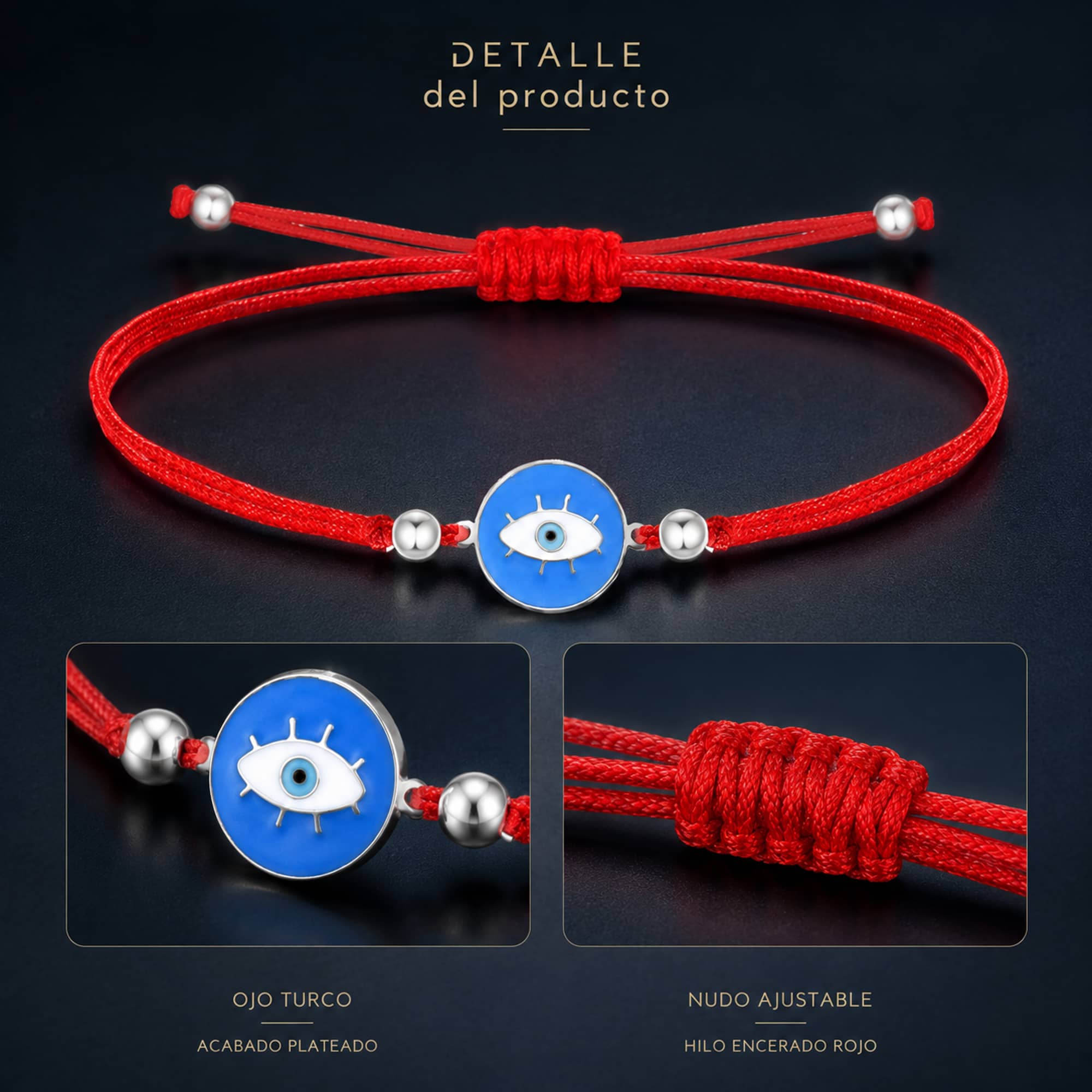 Pulsera Hilo encerado Rojo CON OJO TURCO Plateado