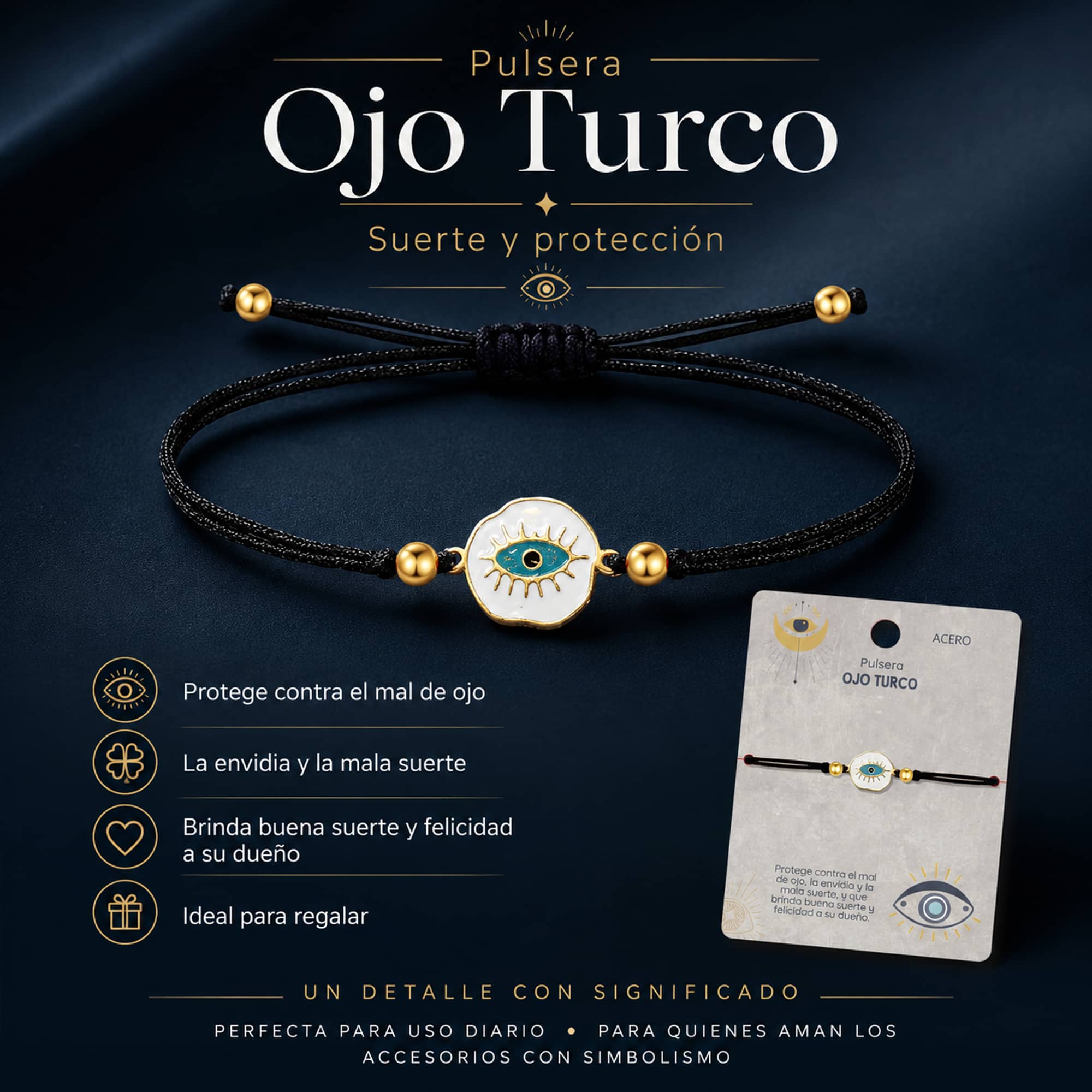 Pulsera Hilo encerado Negro CON OJO TURCO Dorado