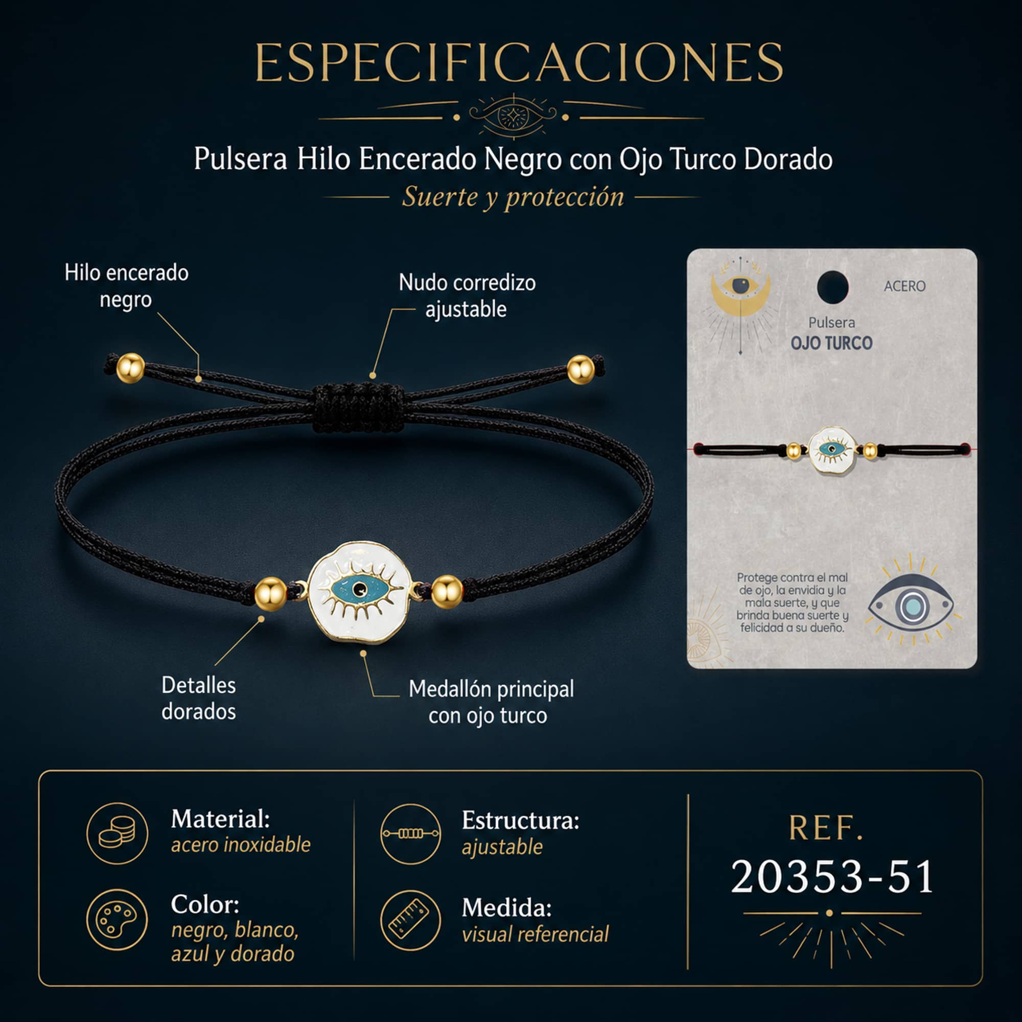 Pulsera Hilo encerado Negro CON OJO TURCO Dorado