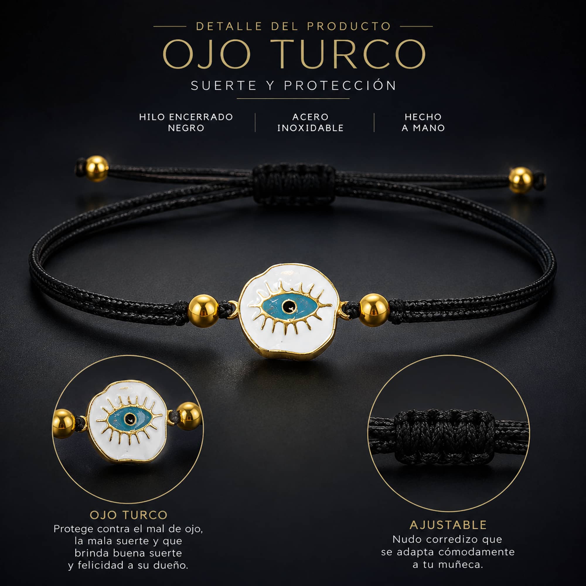 Pulsera Hilo encerado Negro CON OJO TURCO Dorado