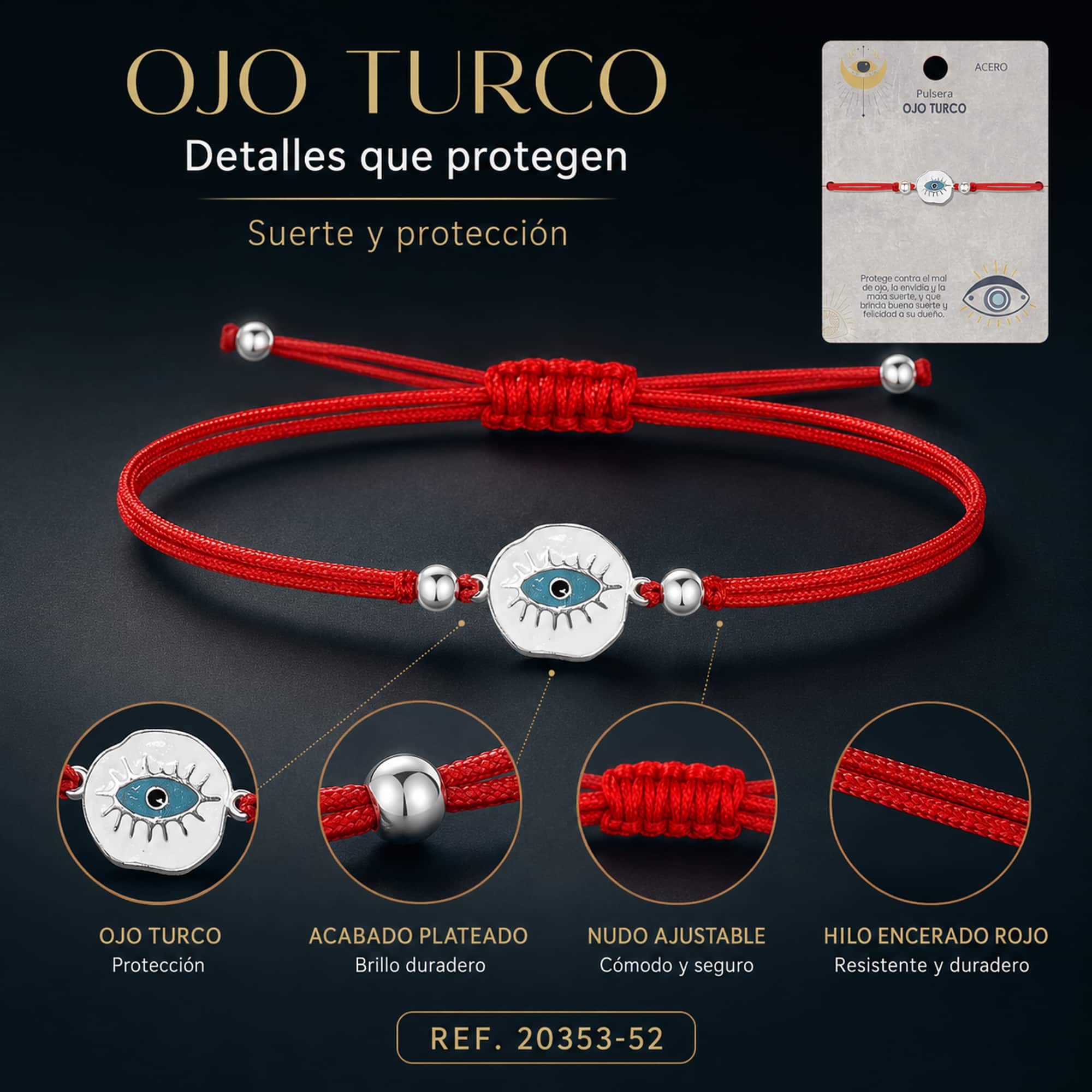 Pulsera Hilo encerado Rojo CON OJO TURCO Plateado