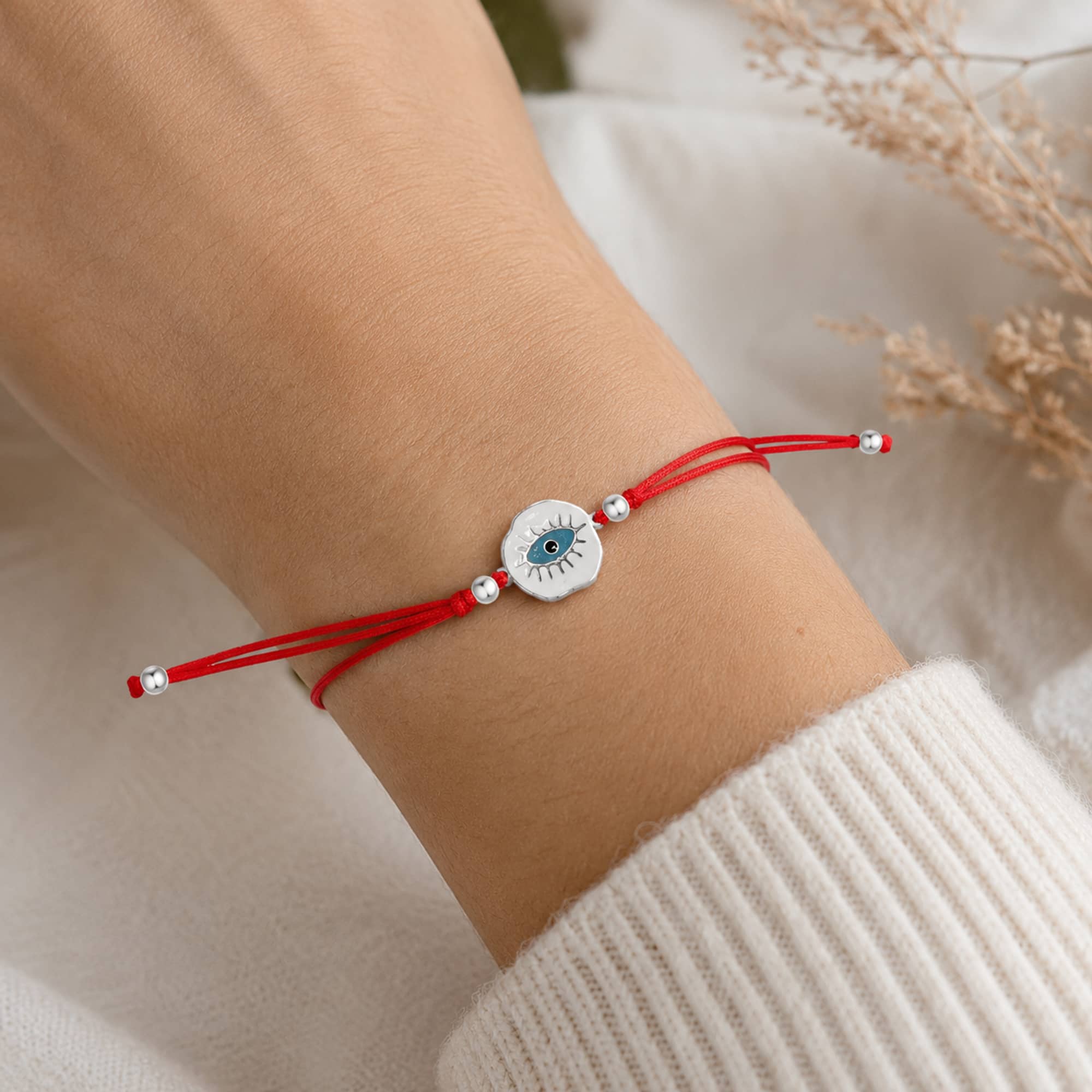 Pulsera Hilo encerado Rojo CON OJO TURCO Plateado
