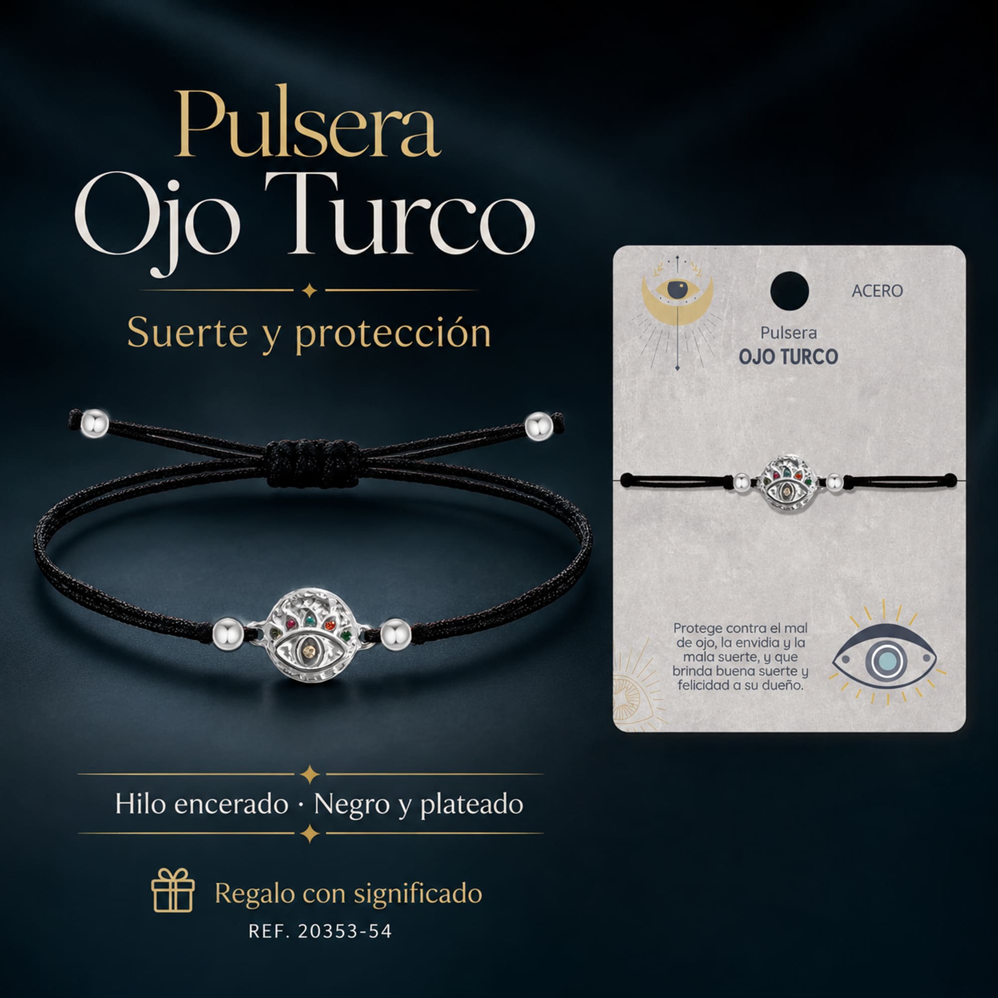 Pulsera Hilo encerado Negro CON OJO TURCO Plateado