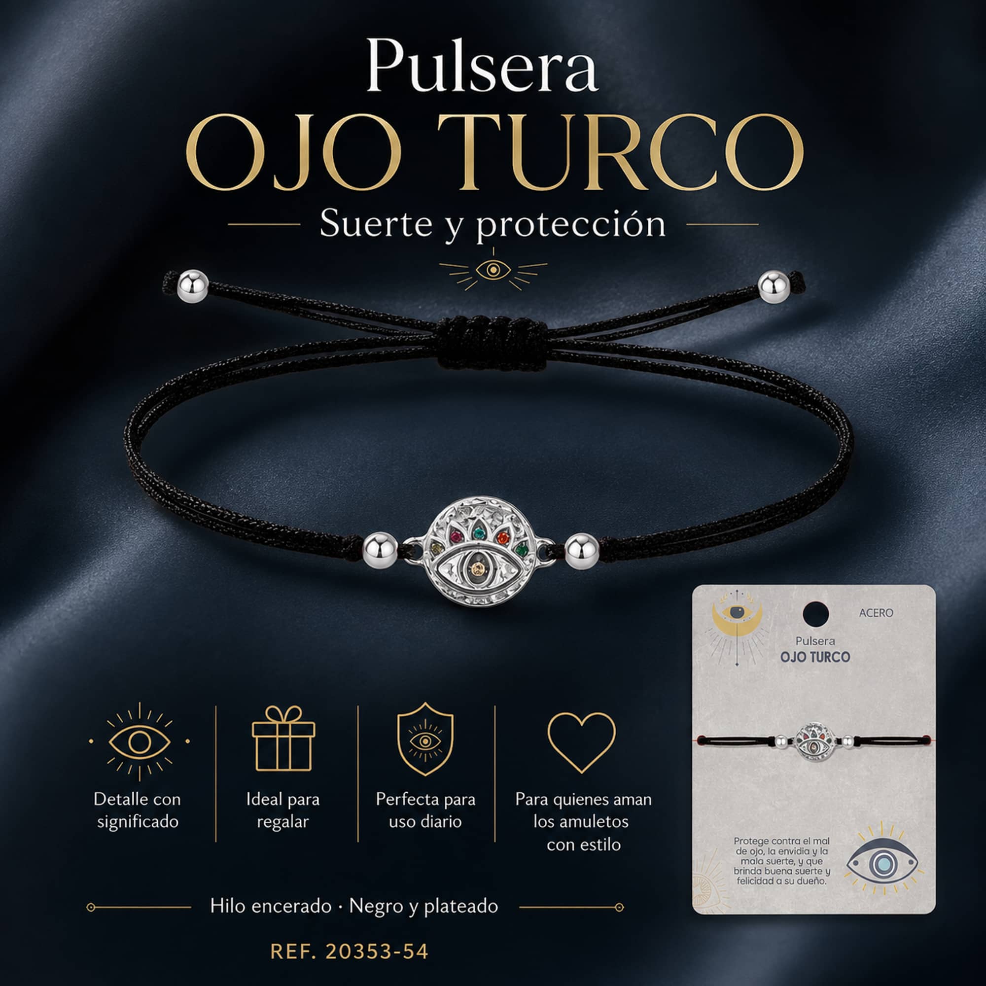 Pulsera Hilo encerado Negro CON OJO TURCO Plateado