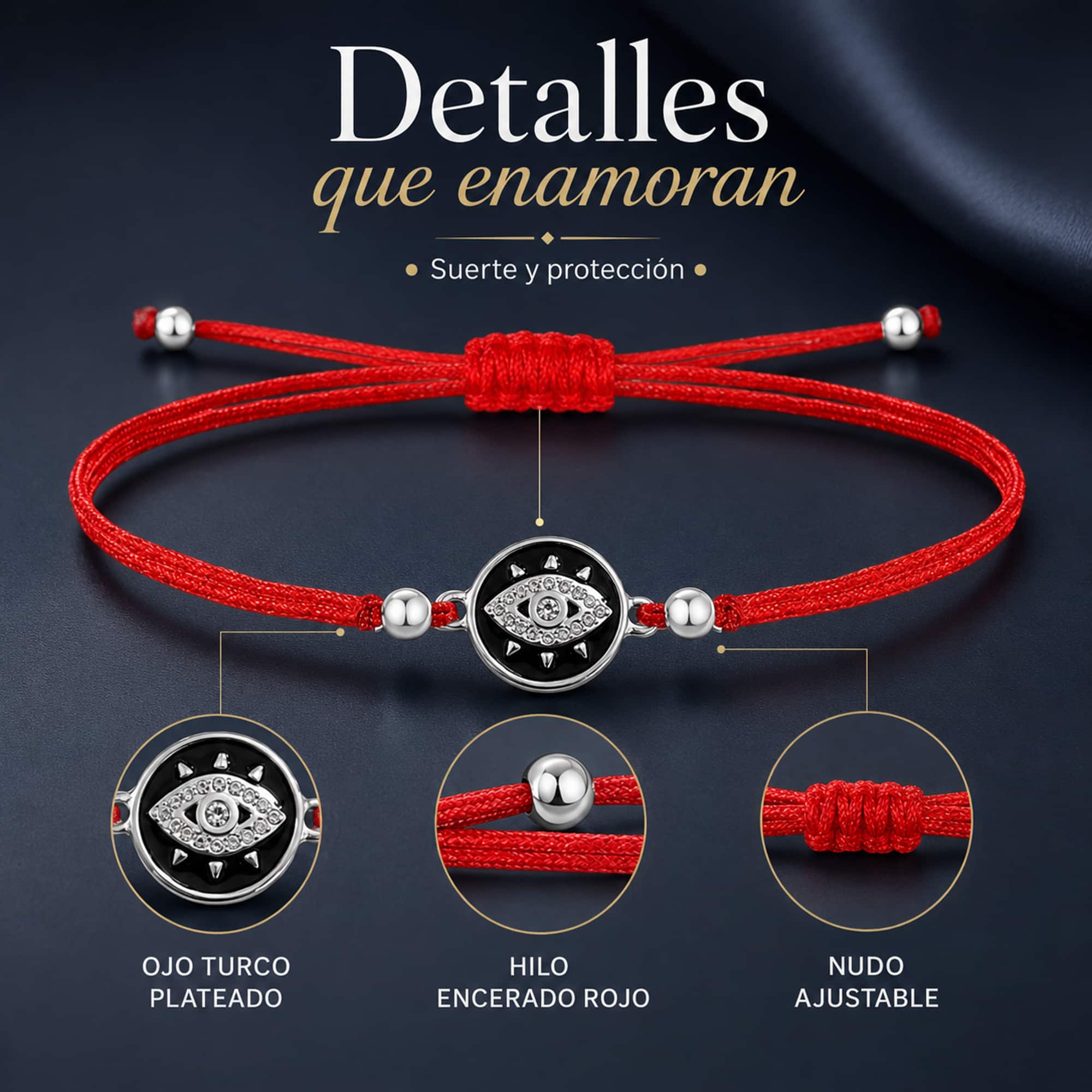 Pulsera Hilo encerado Rojo CON OJO TURCO Plateado