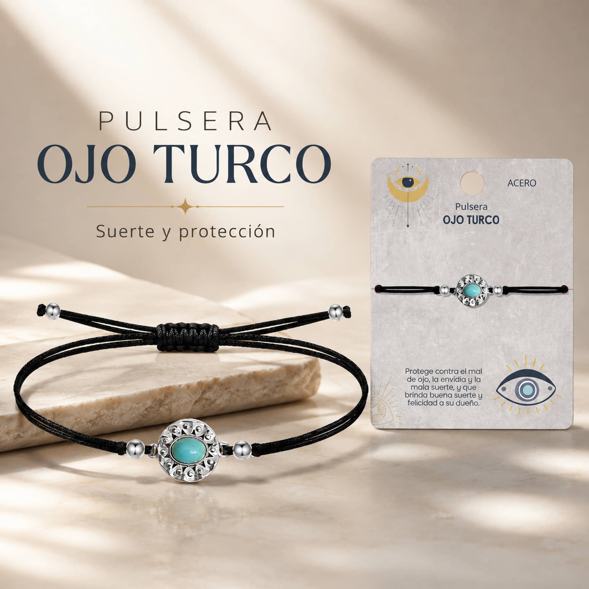 Pulsera Hilo encerado Negro CON OJO TURCO Plateado