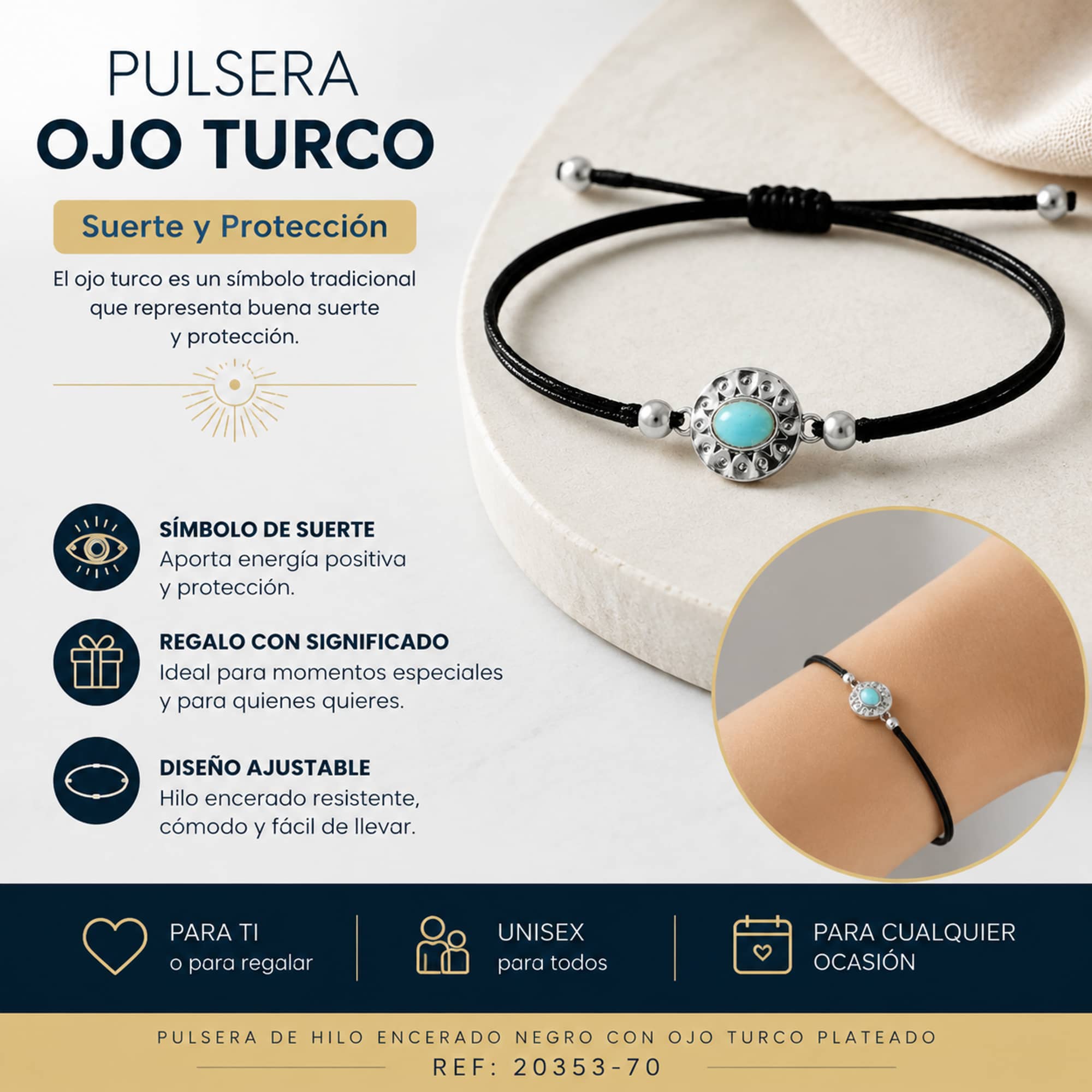 Pulsera Hilo encerado Negro CON OJO TURCO Plateado