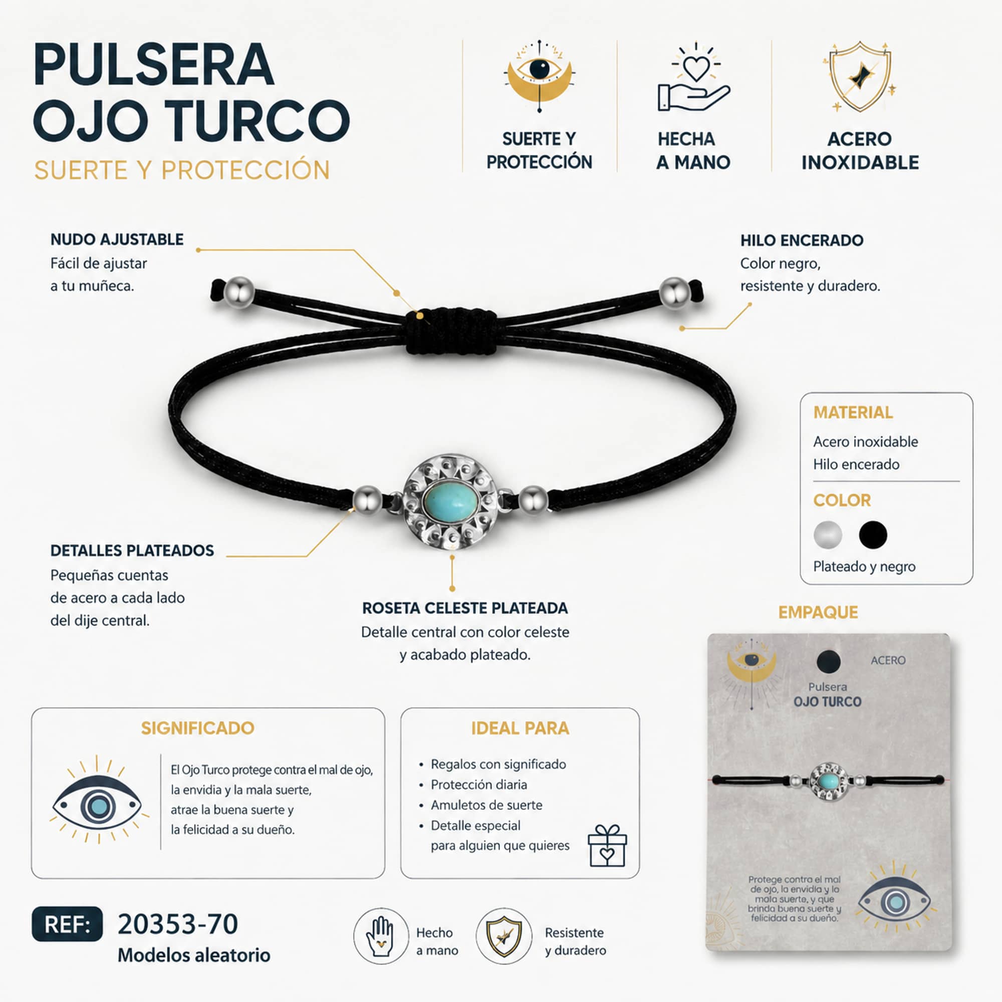 Pulsera Hilo encerado Negro CON OJO TURCO Plateado
