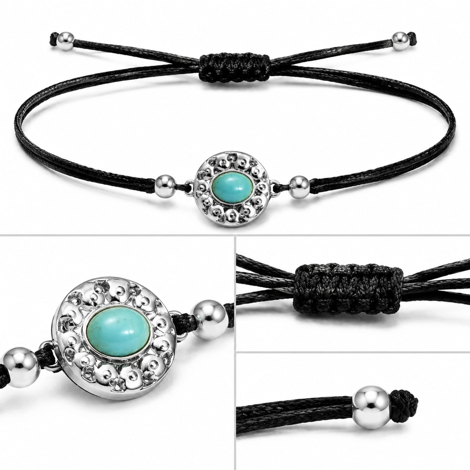 Pulsera Hilo encerado Negro CON OJO TURCO Plateado