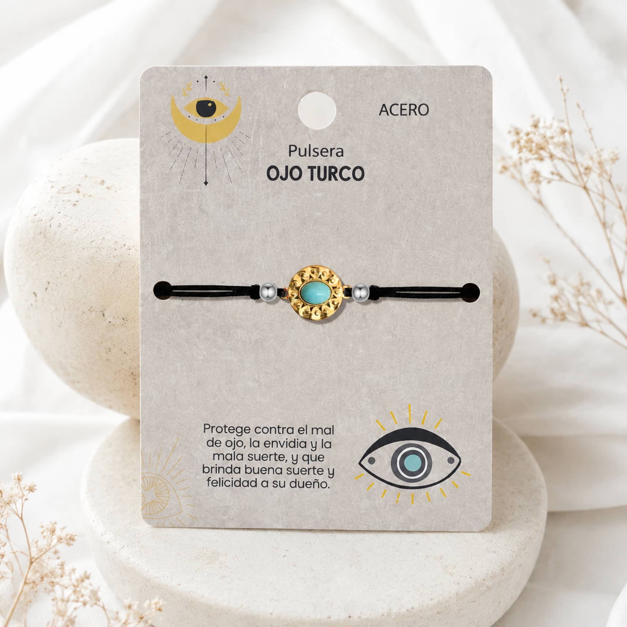 Pulsera Hilo encerado Negro CON OJO TURCO Dorado