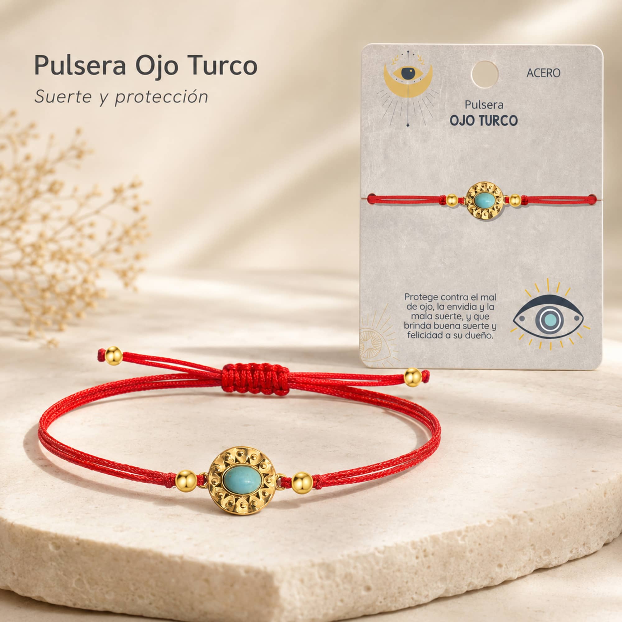 Pulsera Hilo encerado Rojo CON OJO TURCO Dorado
