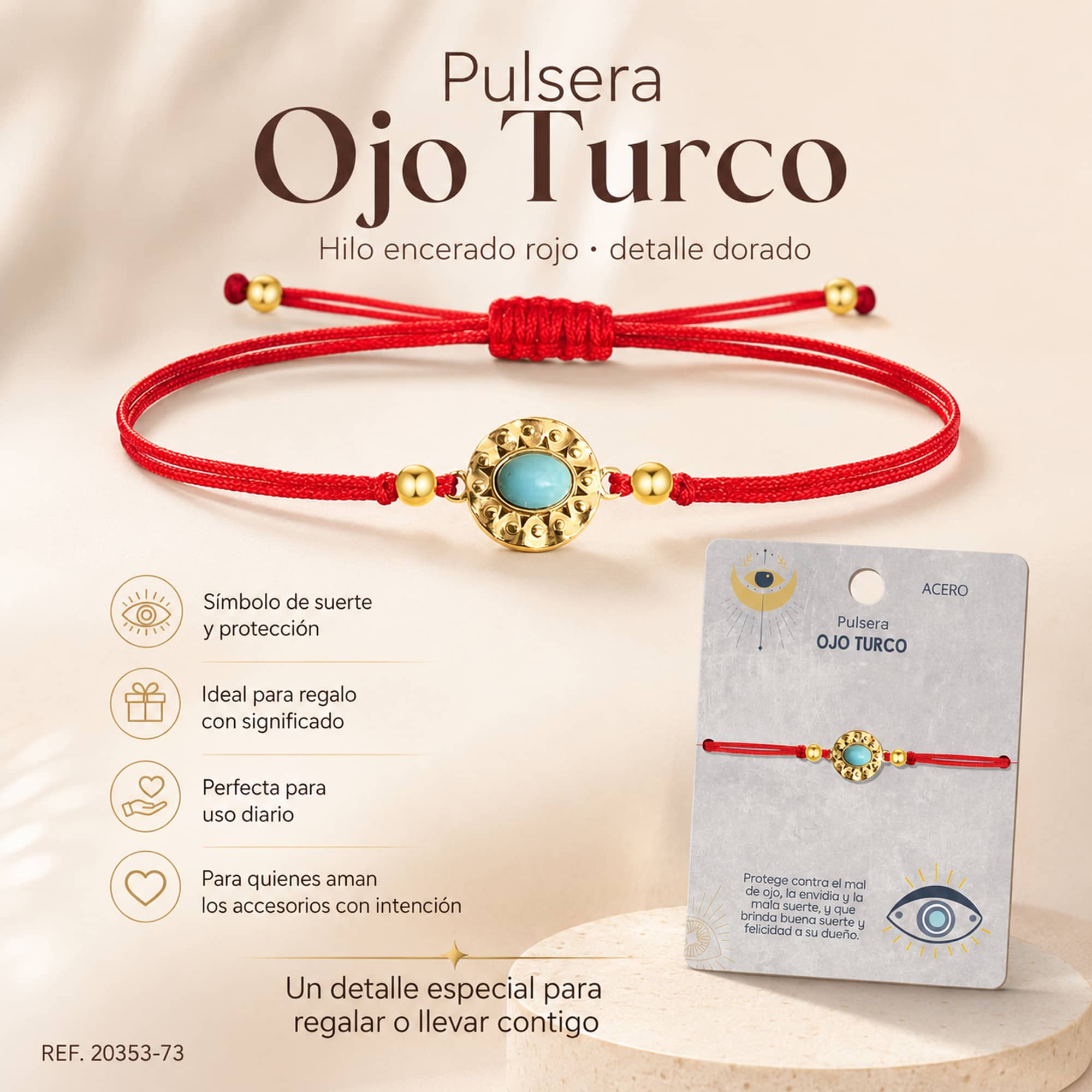 Pulsera Hilo encerado Rojo CON OJO TURCO Dorado