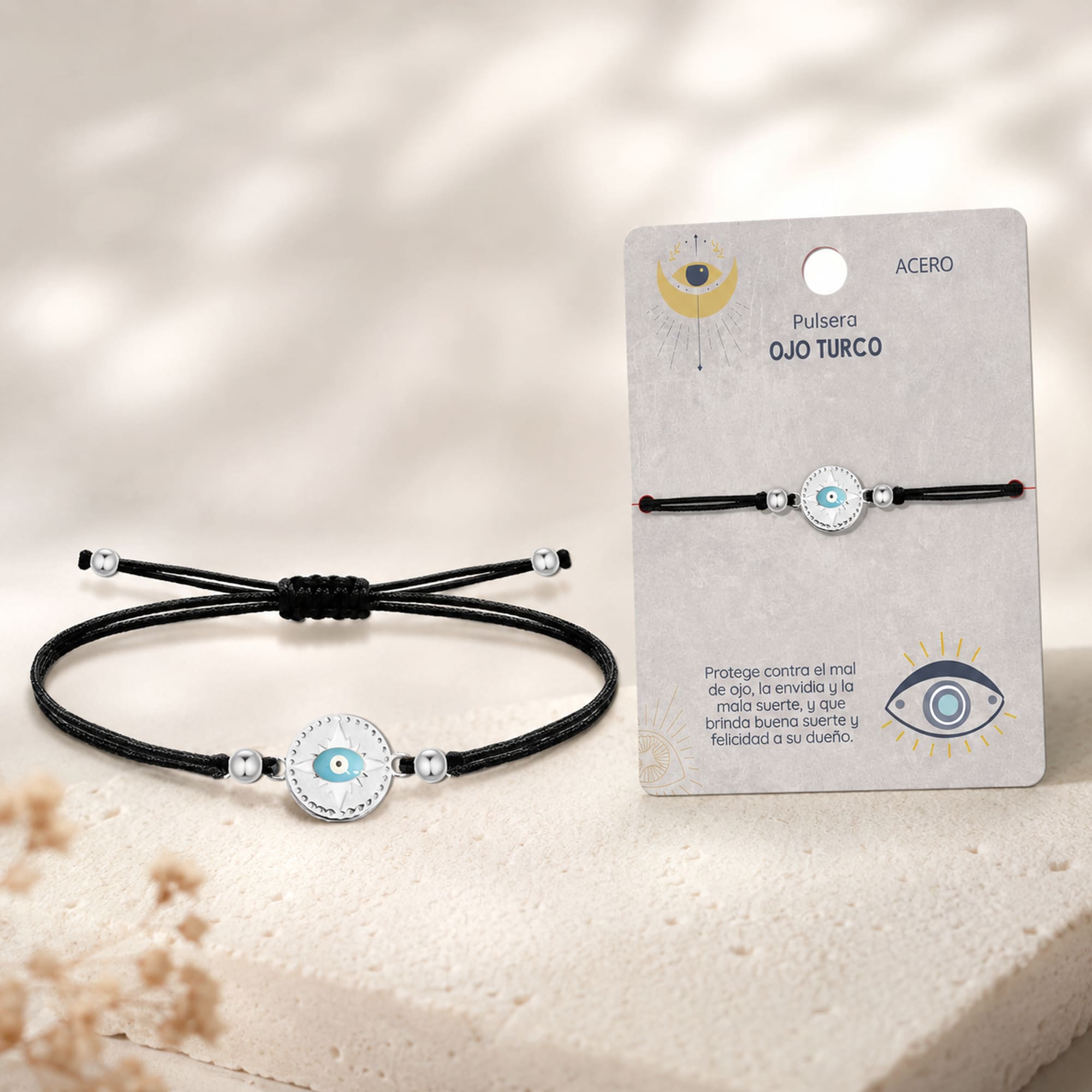 Pulsera Hilo encerado Negro CON OJO TURCO Plateado