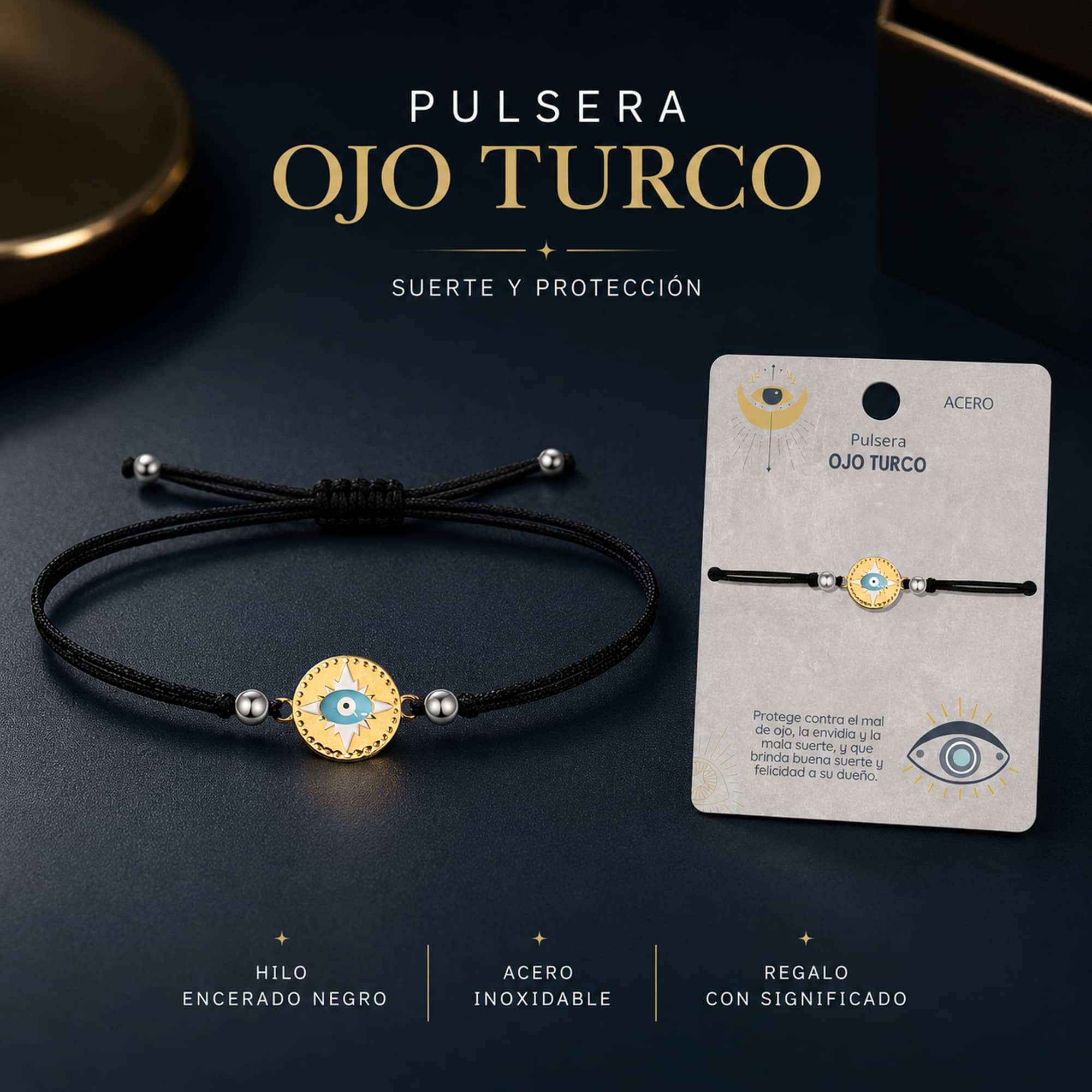 Pulsera Hilo encerado Negro CON OJO TURCO Dorado