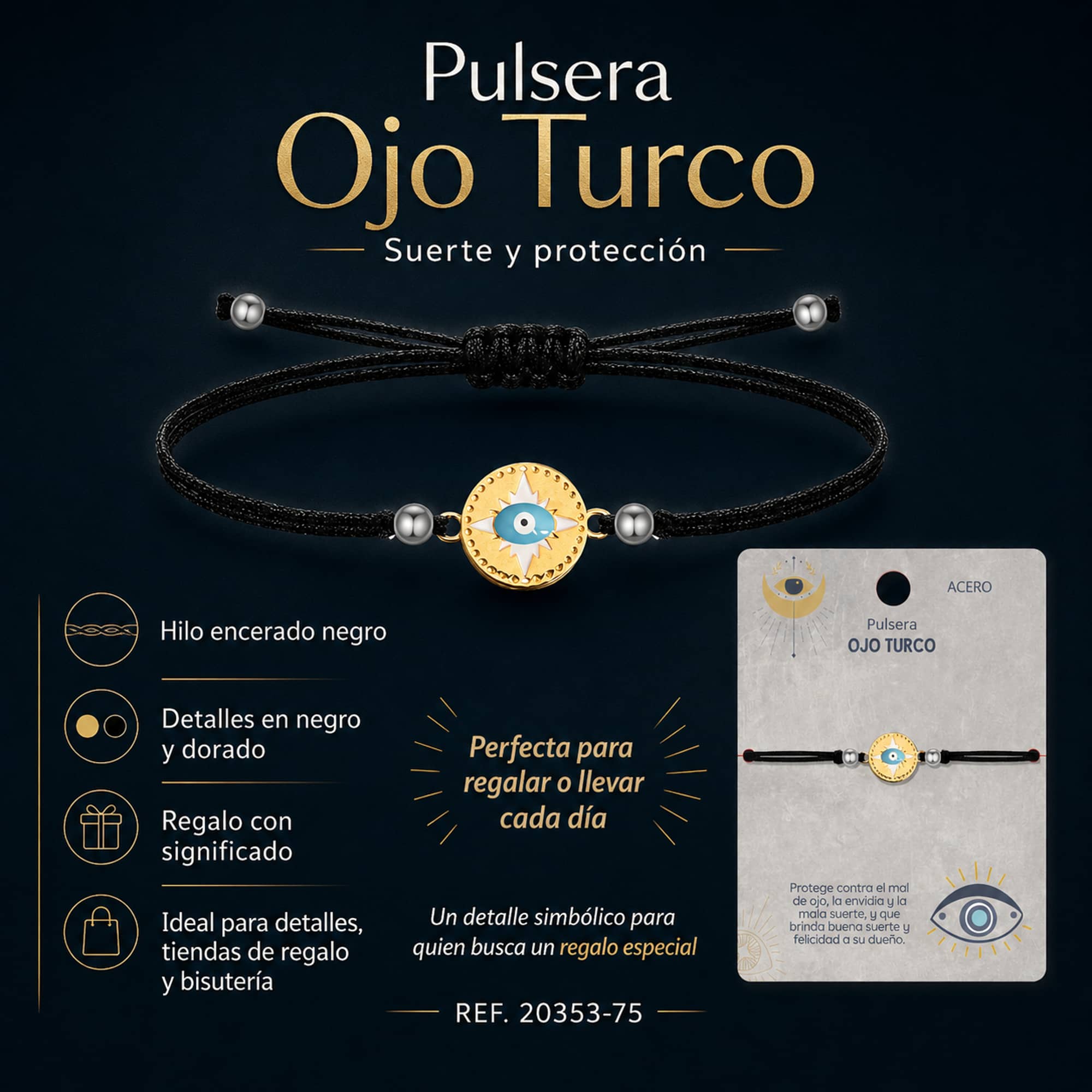 Pulsera Hilo encerado Negro CON OJO TURCO Dorado
