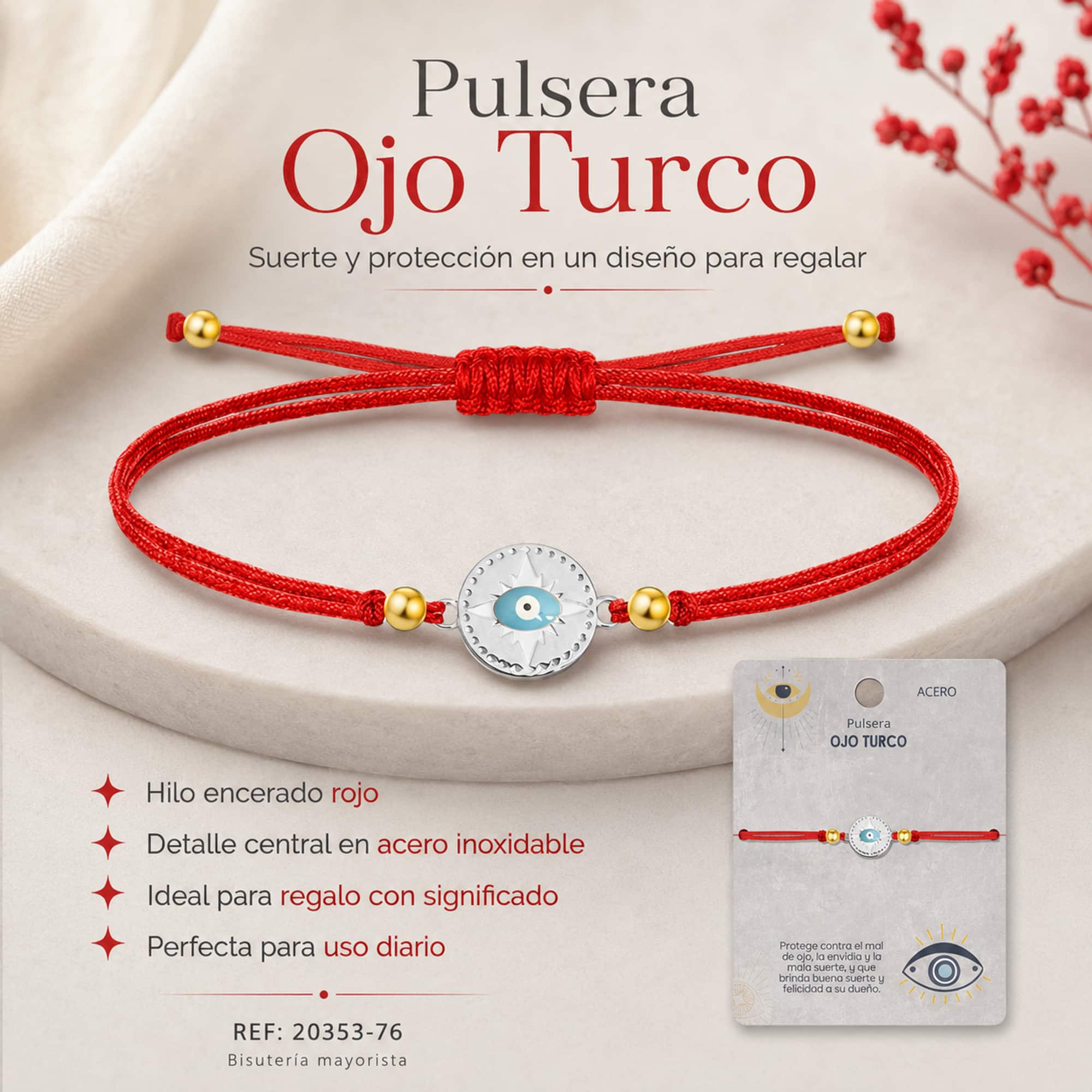 Pulsera Hilo encerado Rojo CON OJO TURCO Plateado