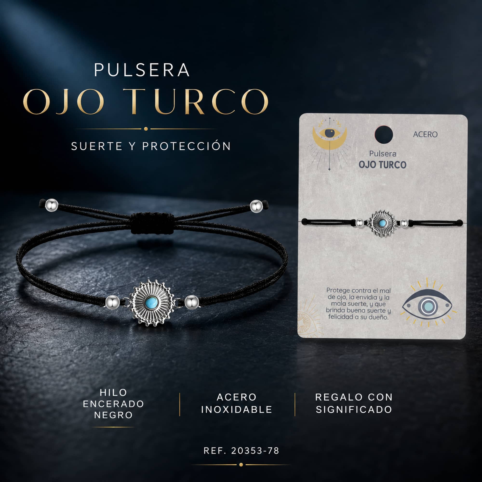 Pulsera Hilo encerado Negro CON OJO TURCO Plateado