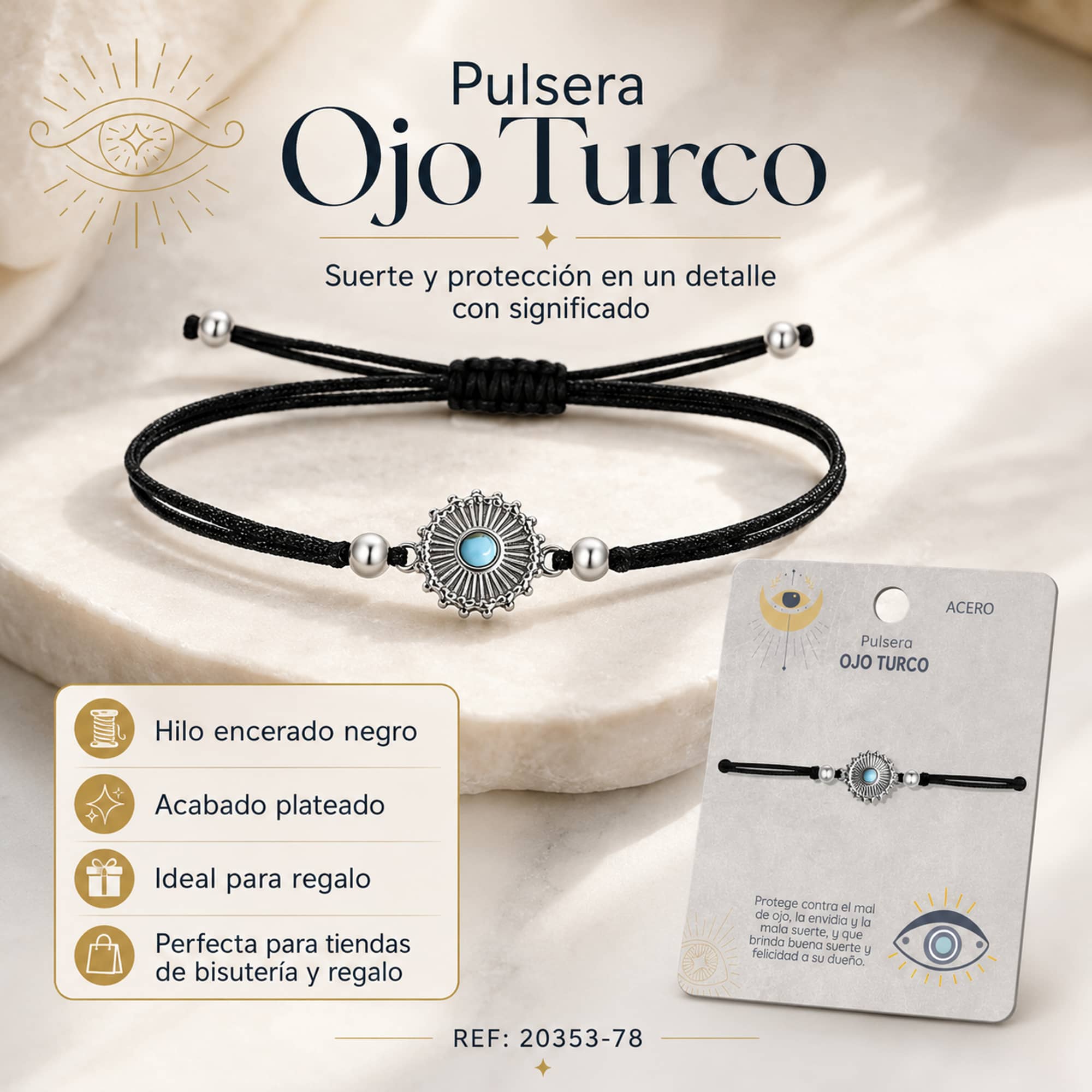 Pulsera Hilo encerado Negro CON OJO TURCO Plateado
