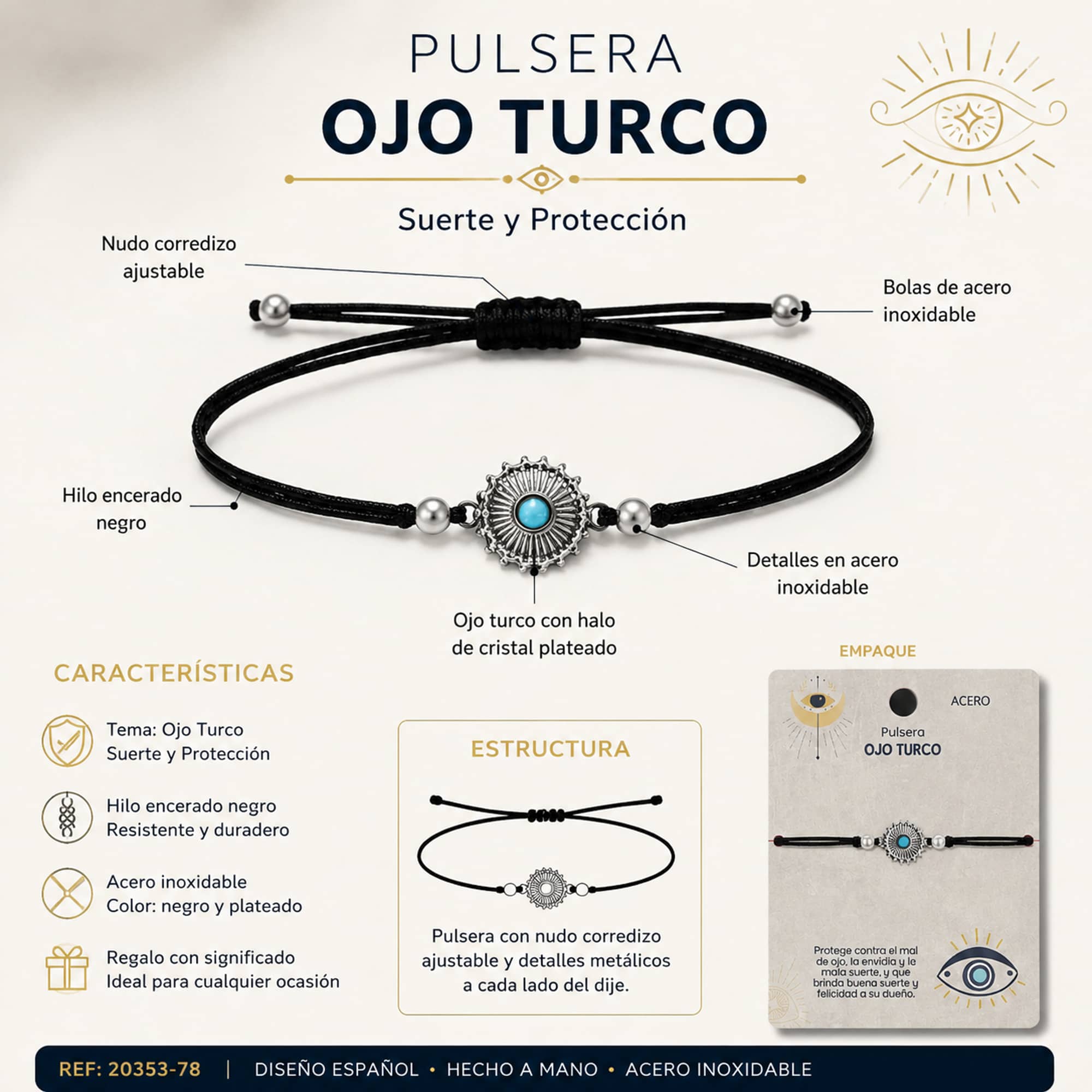 Pulsera Hilo encerado Negro CON OJO TURCO Plateado