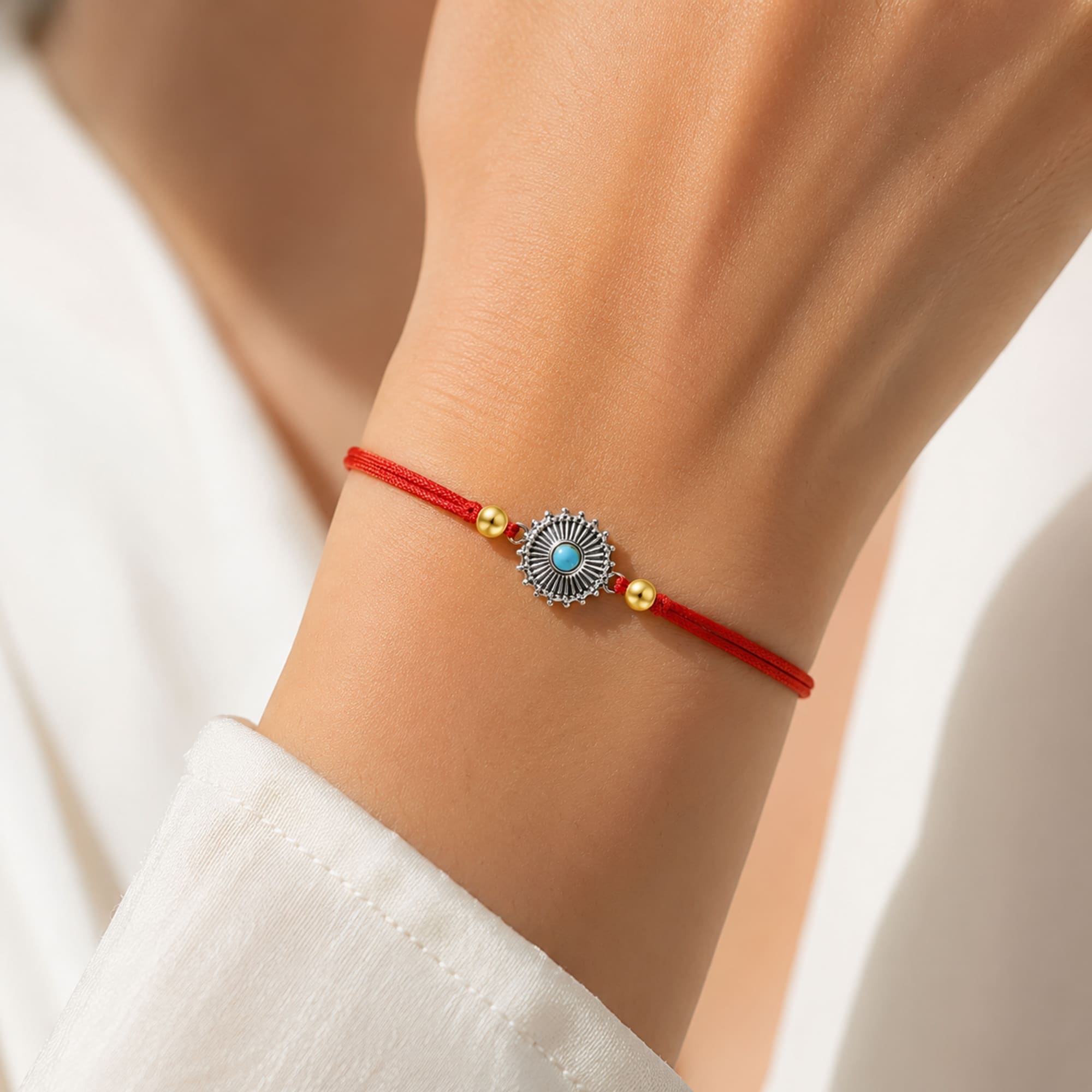 Pulsera Hilo encerado Rojo CON OJO TURCO Plateado