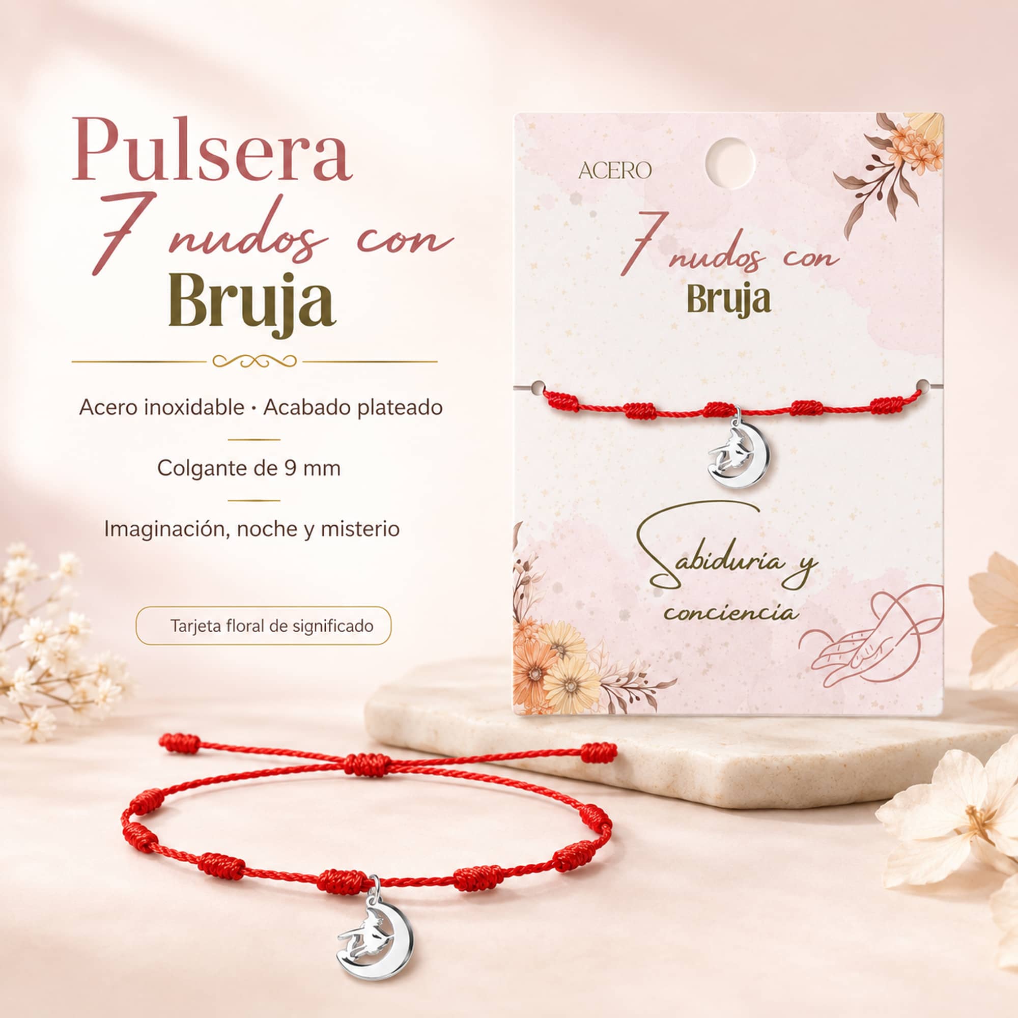 PULSERA 7 NUDOS CON BRUJA COLOR PLATEADO