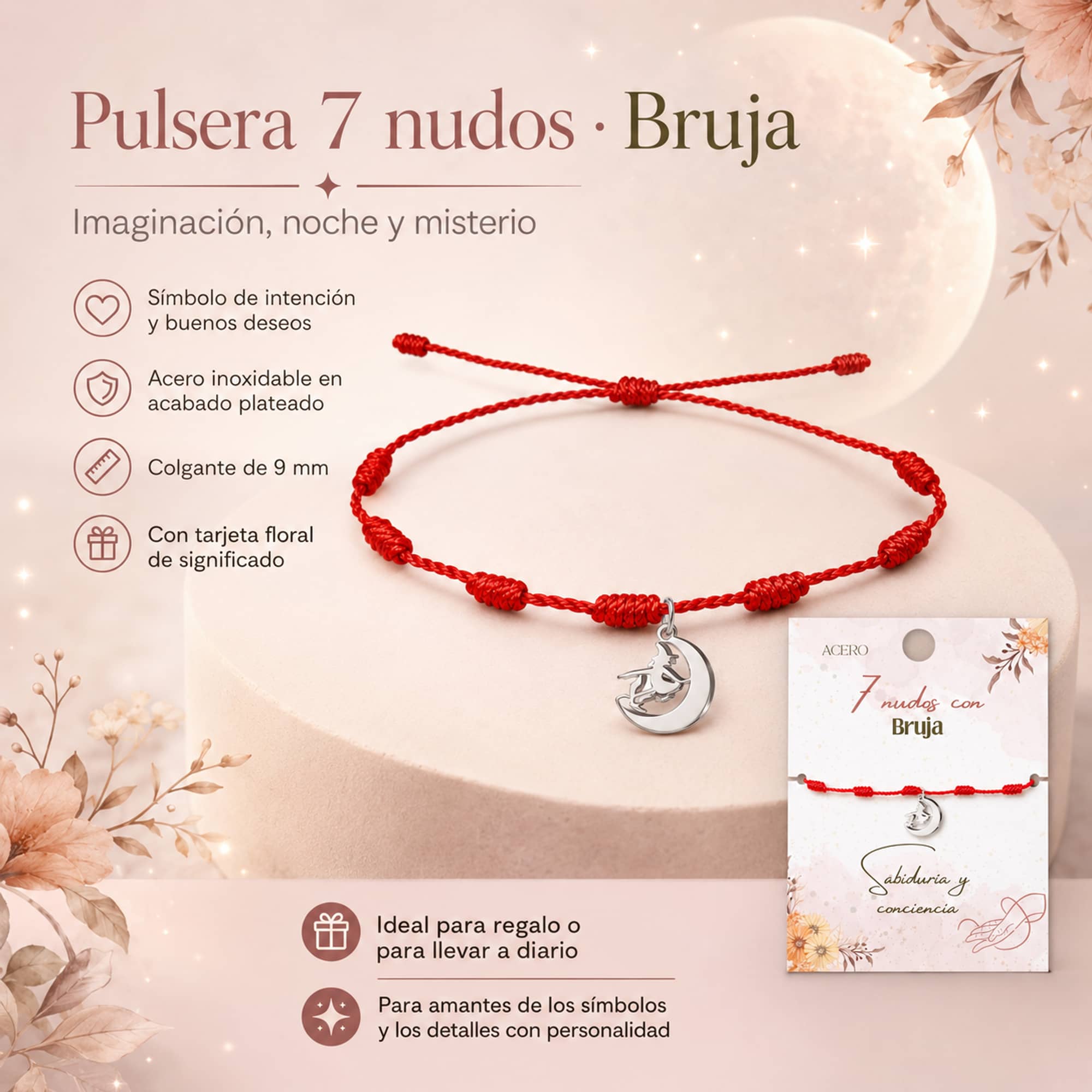 PULSERA 7 NUDOS CON BRUJA COLOR PLATEADO