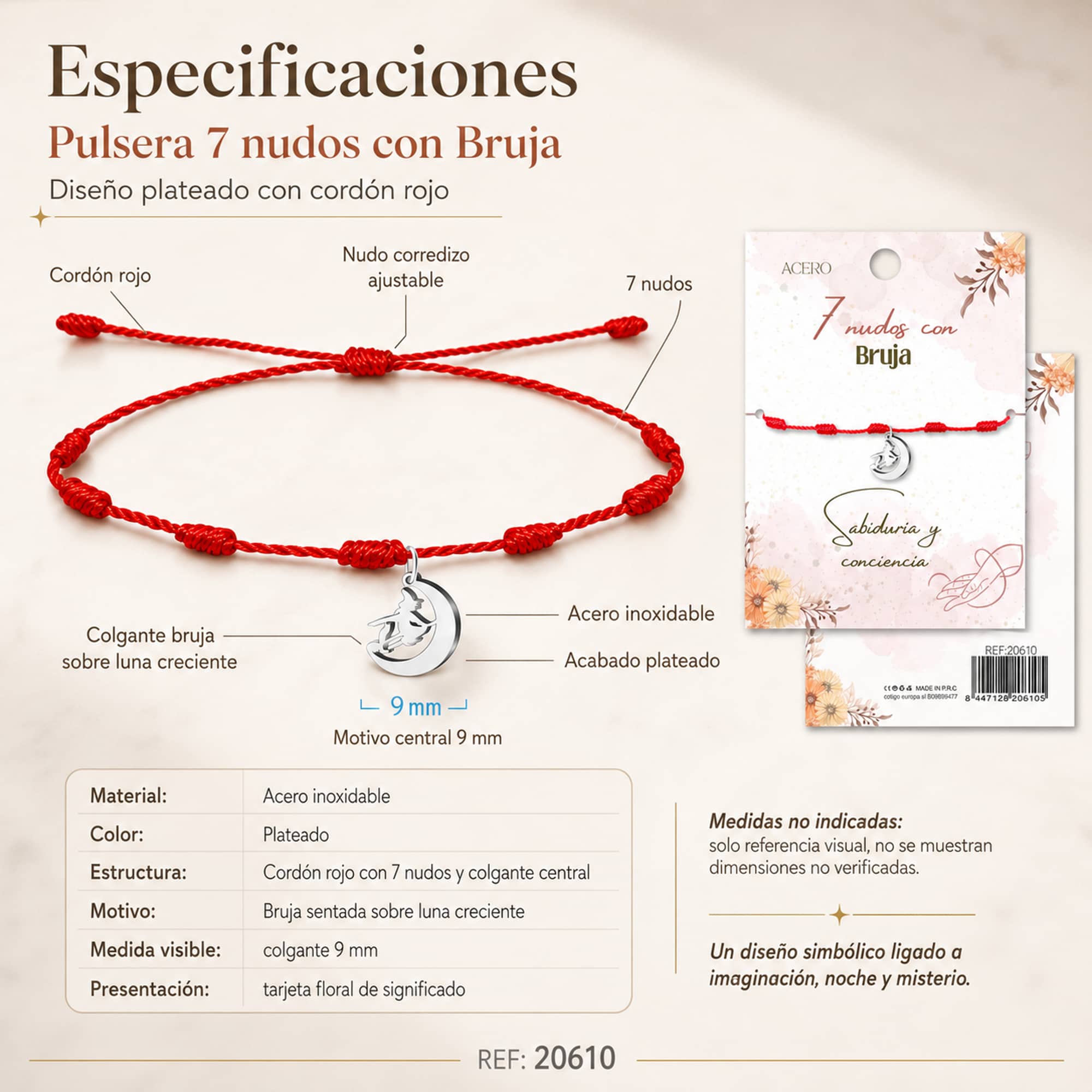 PULSERA 7 NUDOS CON BRUJA COLOR PLATEADO