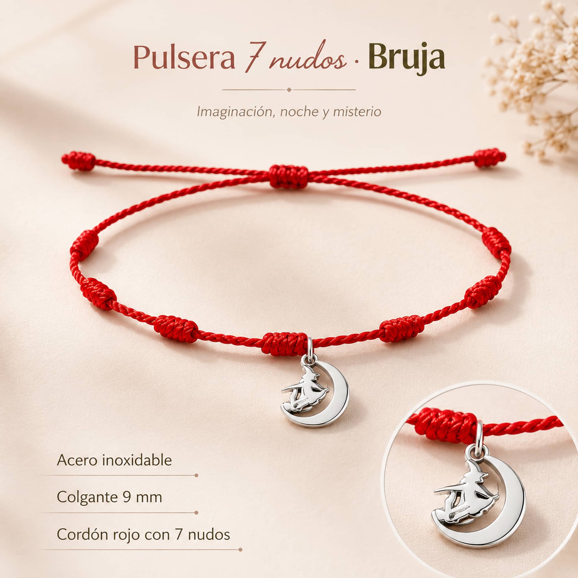 PULSERA 7 NUDOS CON BRUJA COLOR PLATEADO
