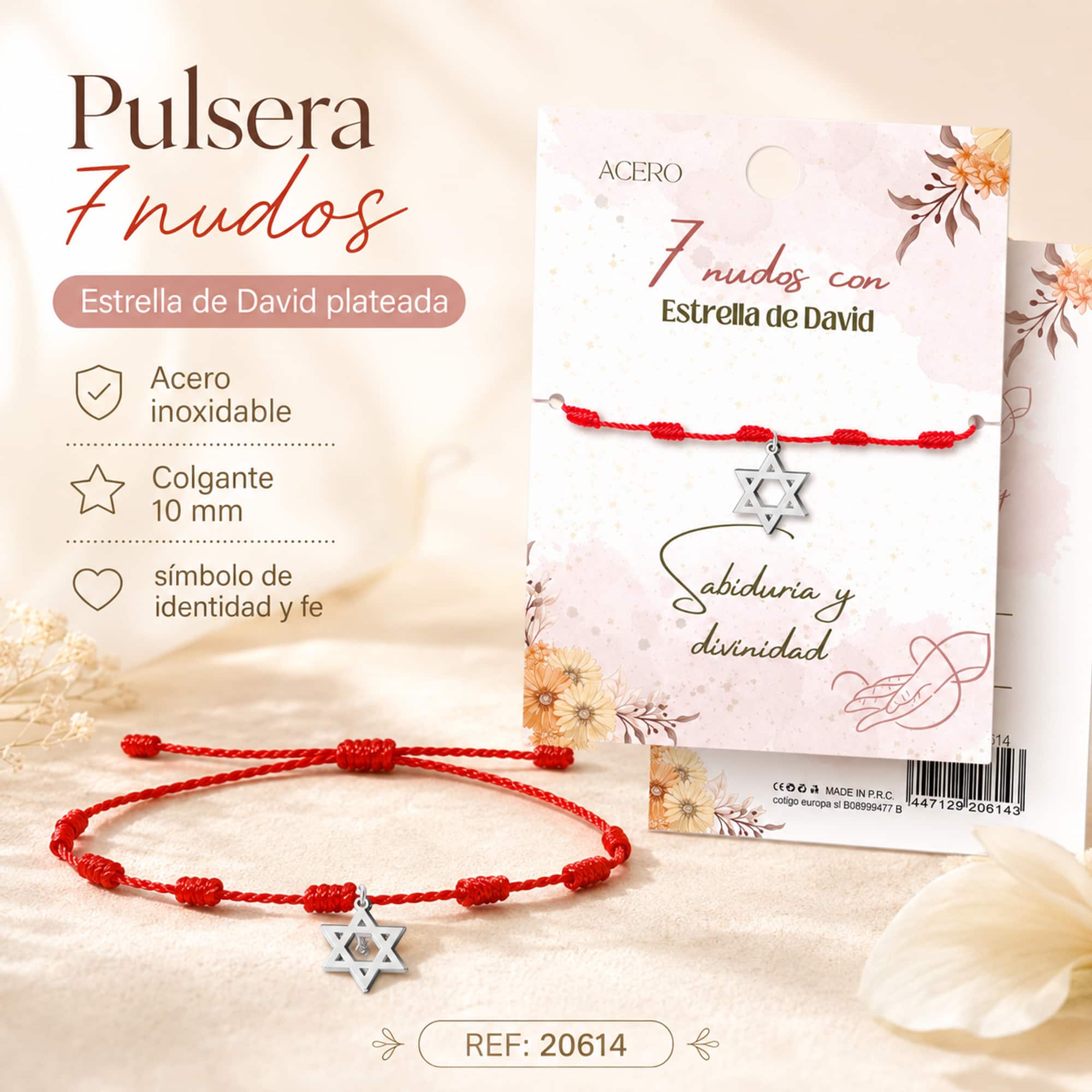 PULSERA 7 NUDOS CON ESTRELLA DE DAVID COLOR PLATEADO