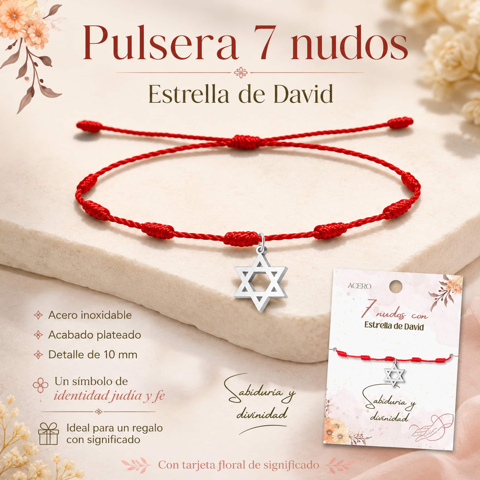 PULSERA 7 NUDOS CON ESTRELLA DE DAVID COLOR PLATEADO