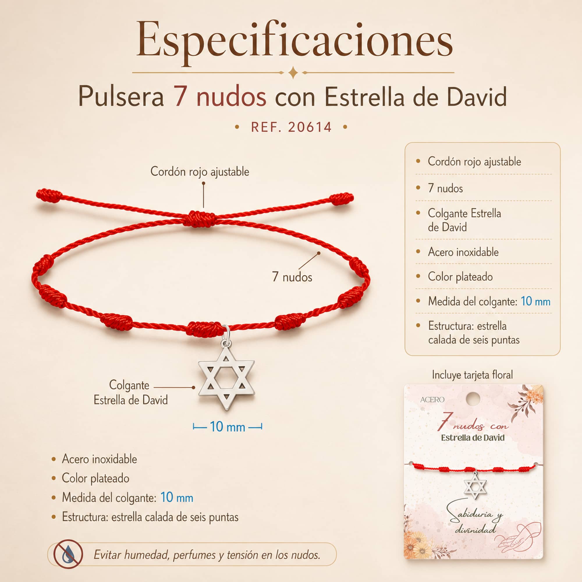 PULSERA 7 NUDOS CON ESTRELLA DE DAVID COLOR PLATEADO