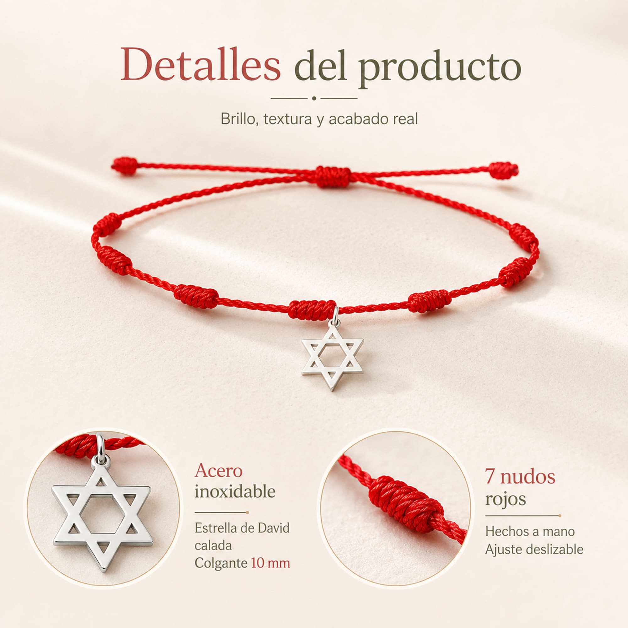 PULSERA 7 NUDOS CON ESTRELLA DE DAVID COLOR PLATEADO