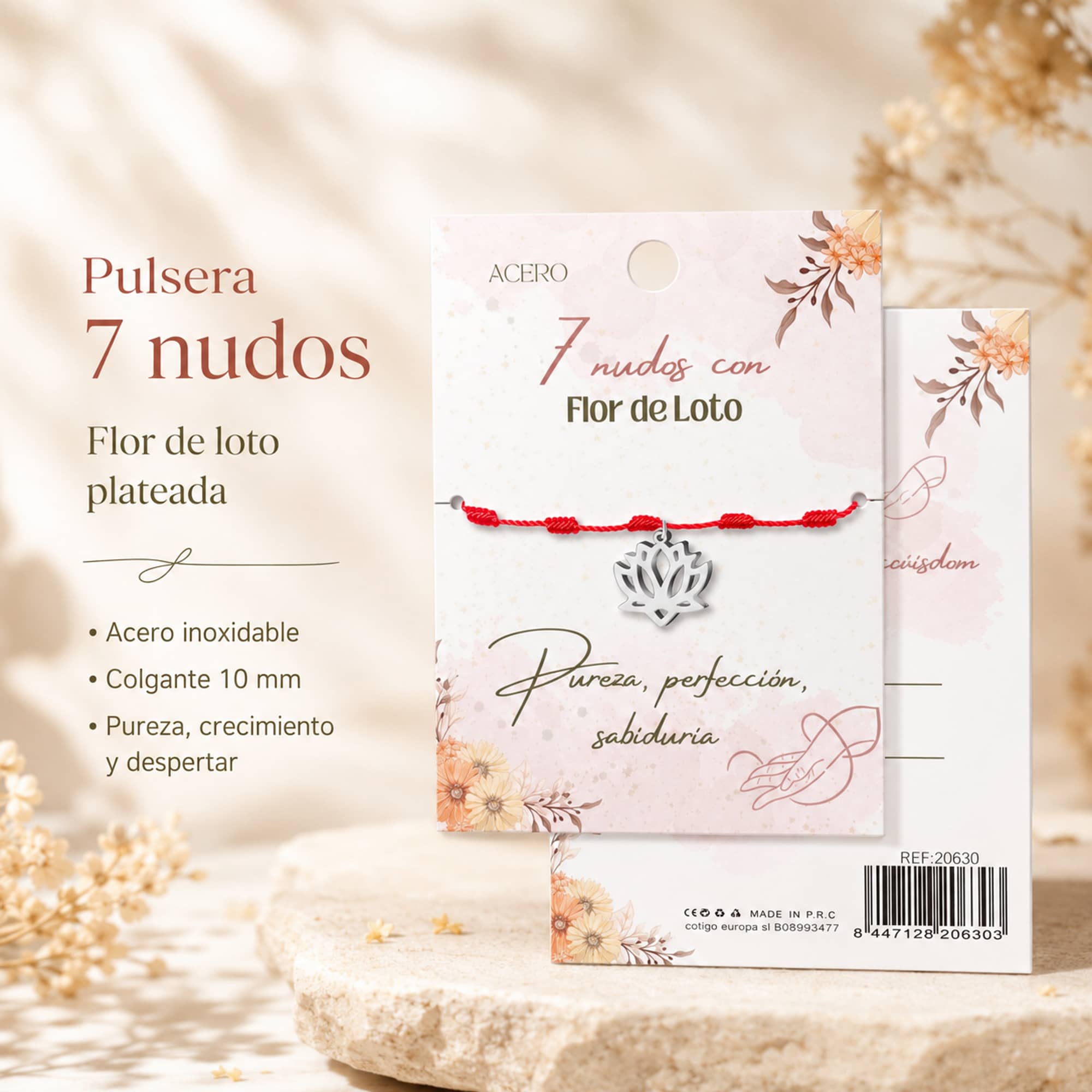 PULSERA 7 NUDOS CON FLOR DE LOTO COLOR PLATEADO