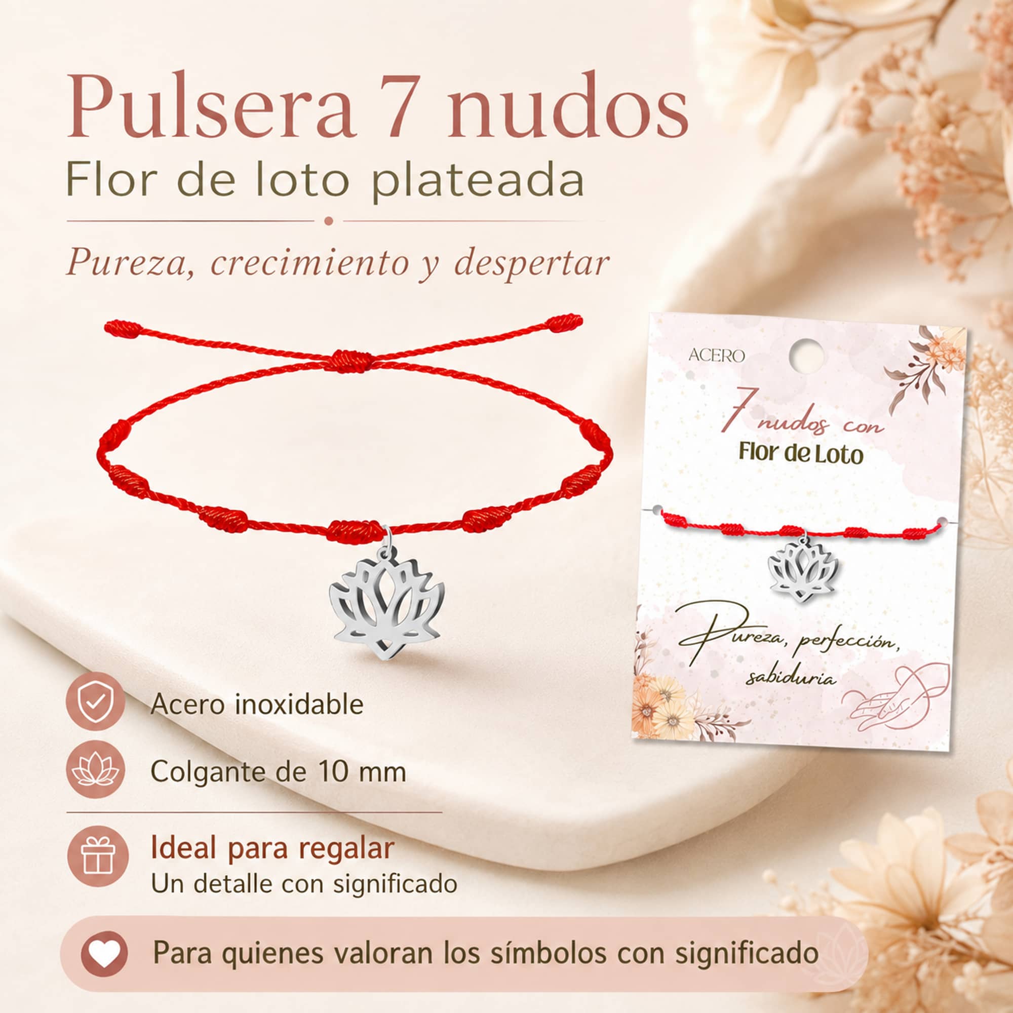 PULSERA 7 NUDOS CON FLOR DE LOTO COLOR PLATEADO