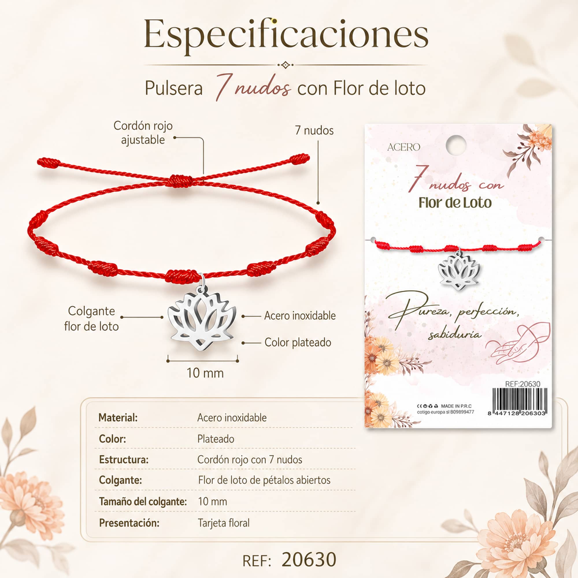 PULSERA 7 NUDOS CON FLOR DE LOTO COLOR PLATEADO