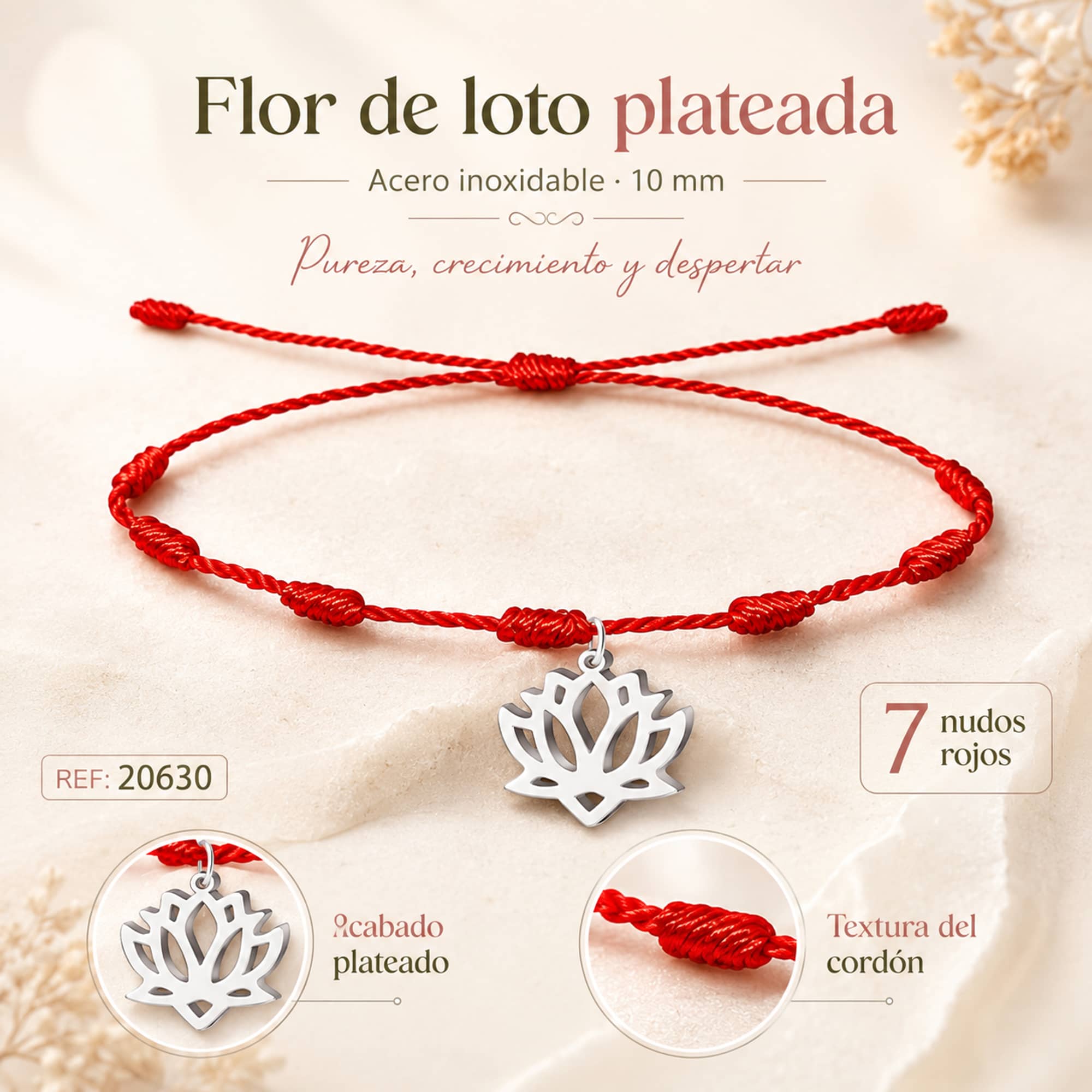 PULSERA 7 NUDOS CON FLOR DE LOTO COLOR PLATEADO