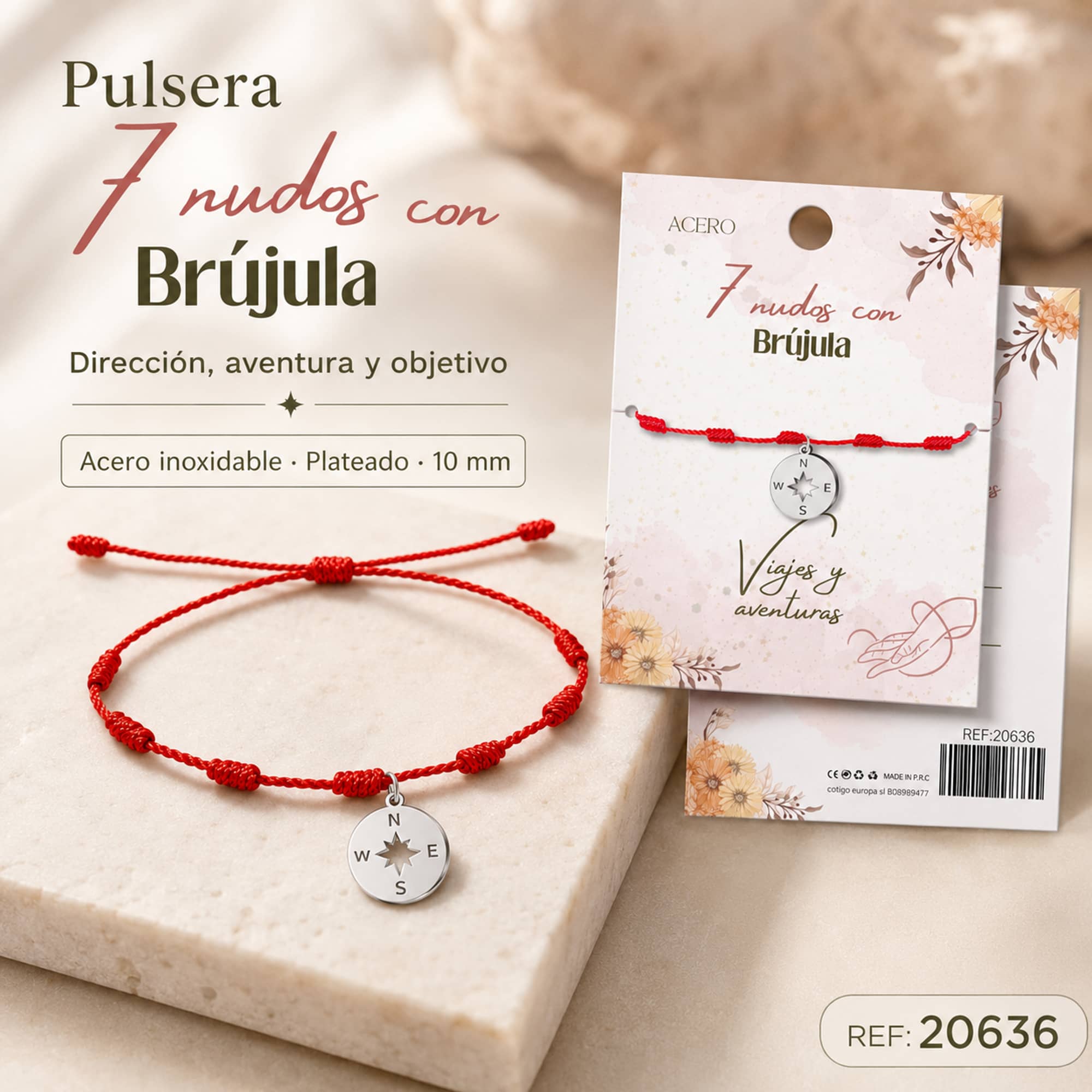 PULSERA 7 NUDOS CON BRUJULA COLOR PLATEADO