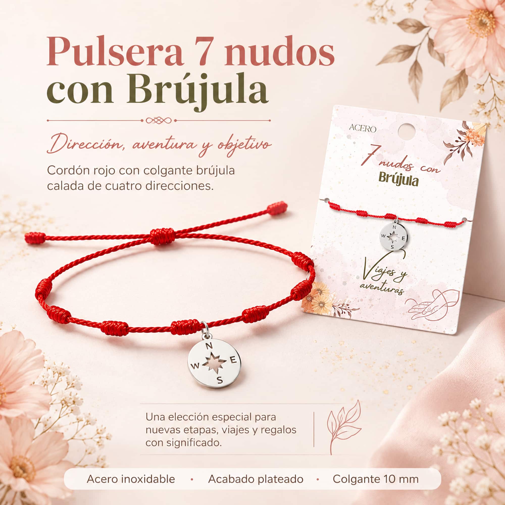 PULSERA 7 NUDOS CON BRUJULA COLOR PLATEADO