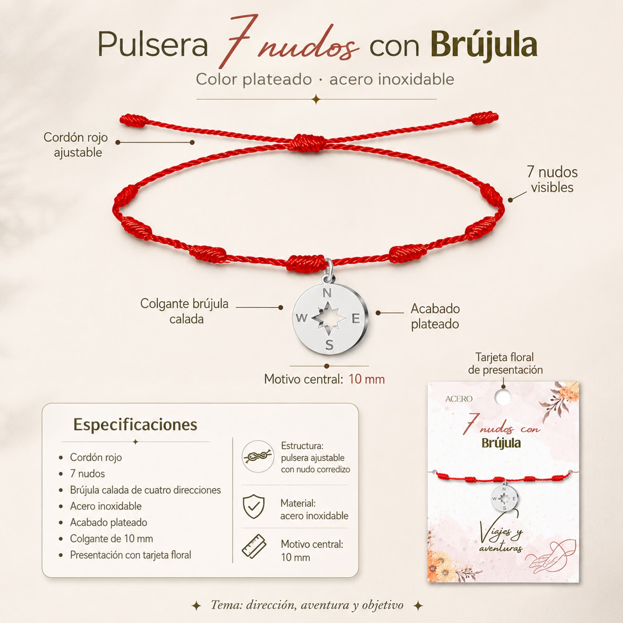 PULSERA 7 NUDOS CON BRUJULA COLOR PLATEADO