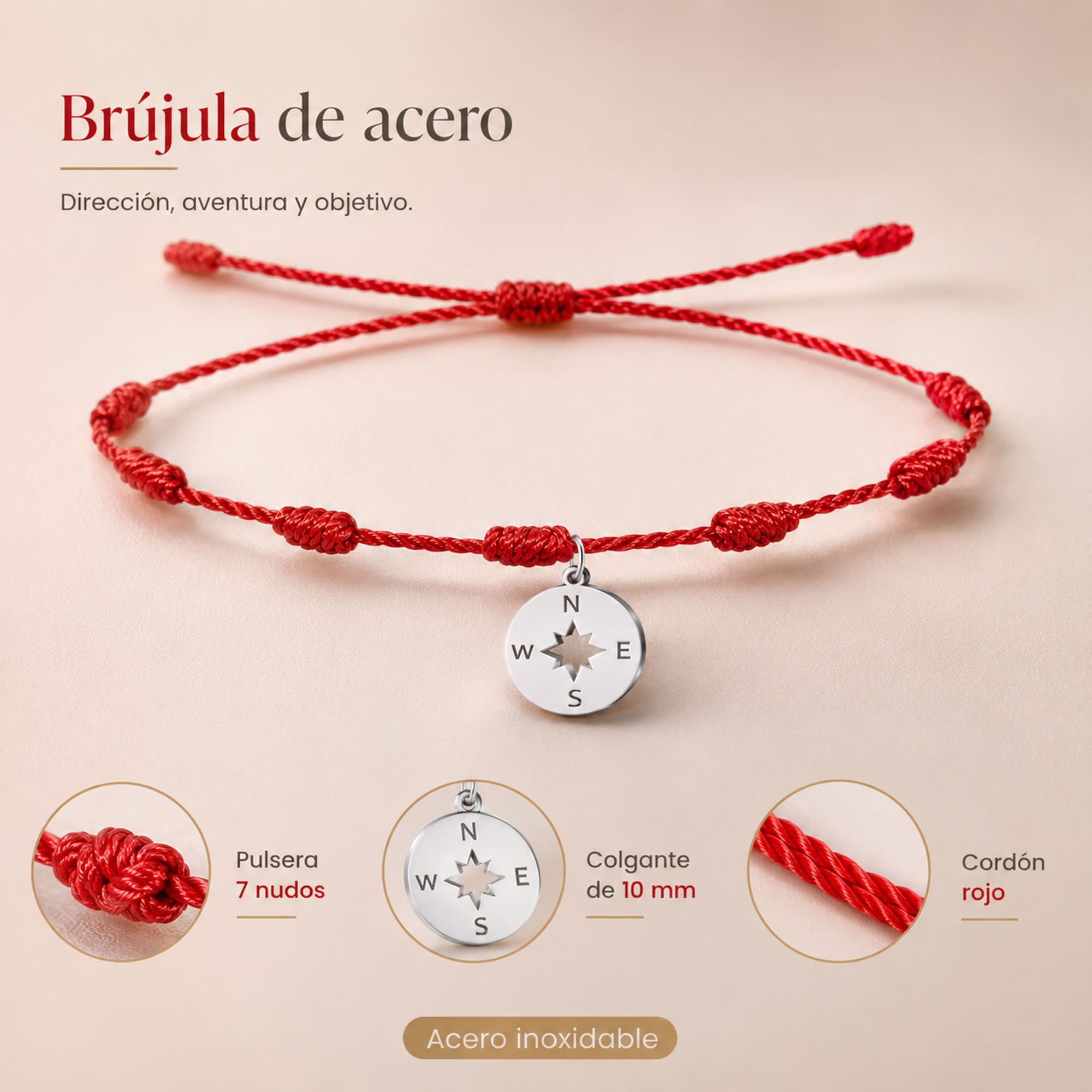 PULSERA 7 NUDOS CON BRUJULA COLOR PLATEADO