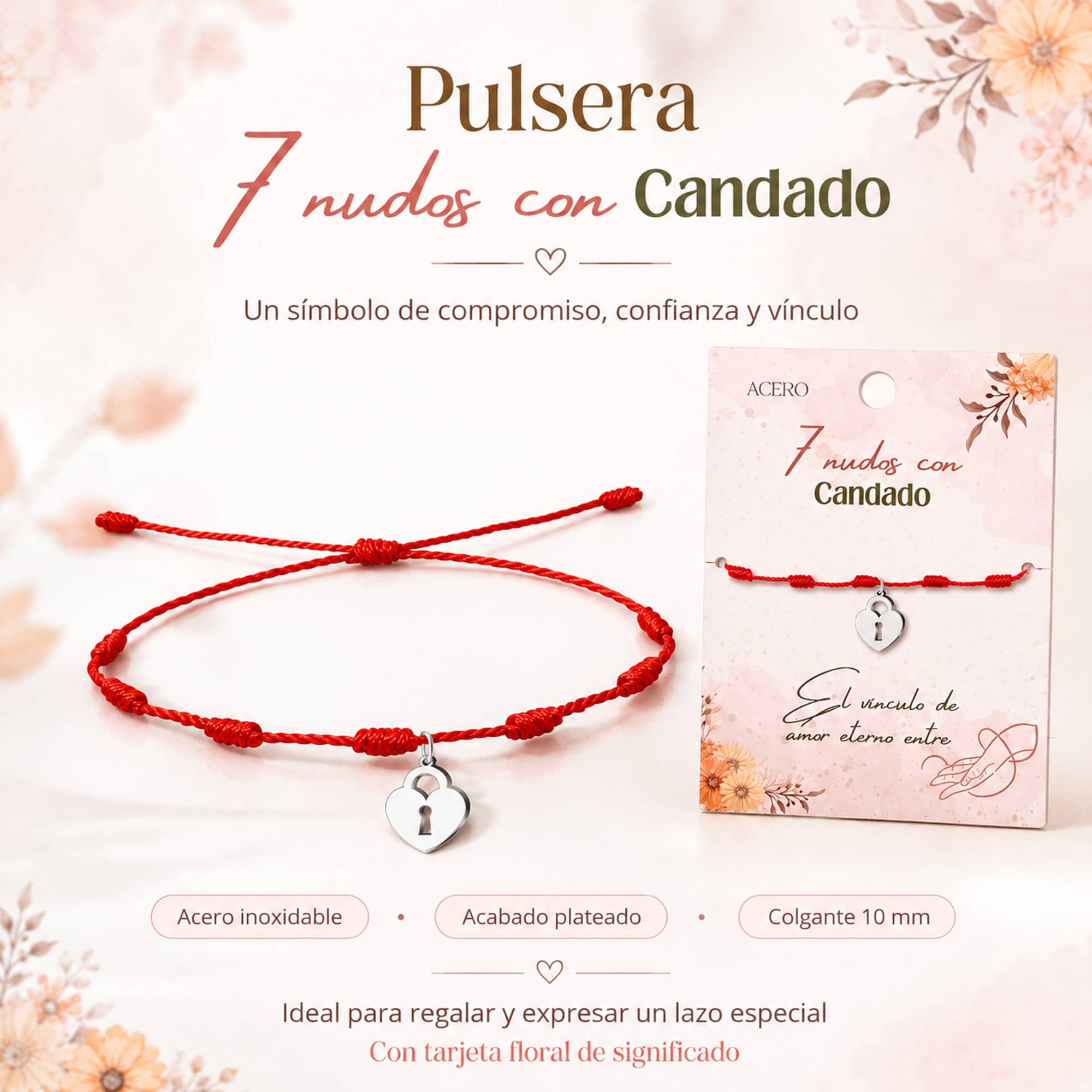 PULSERA 7 NUDOS CON CANDADO COLOR PLATEADO