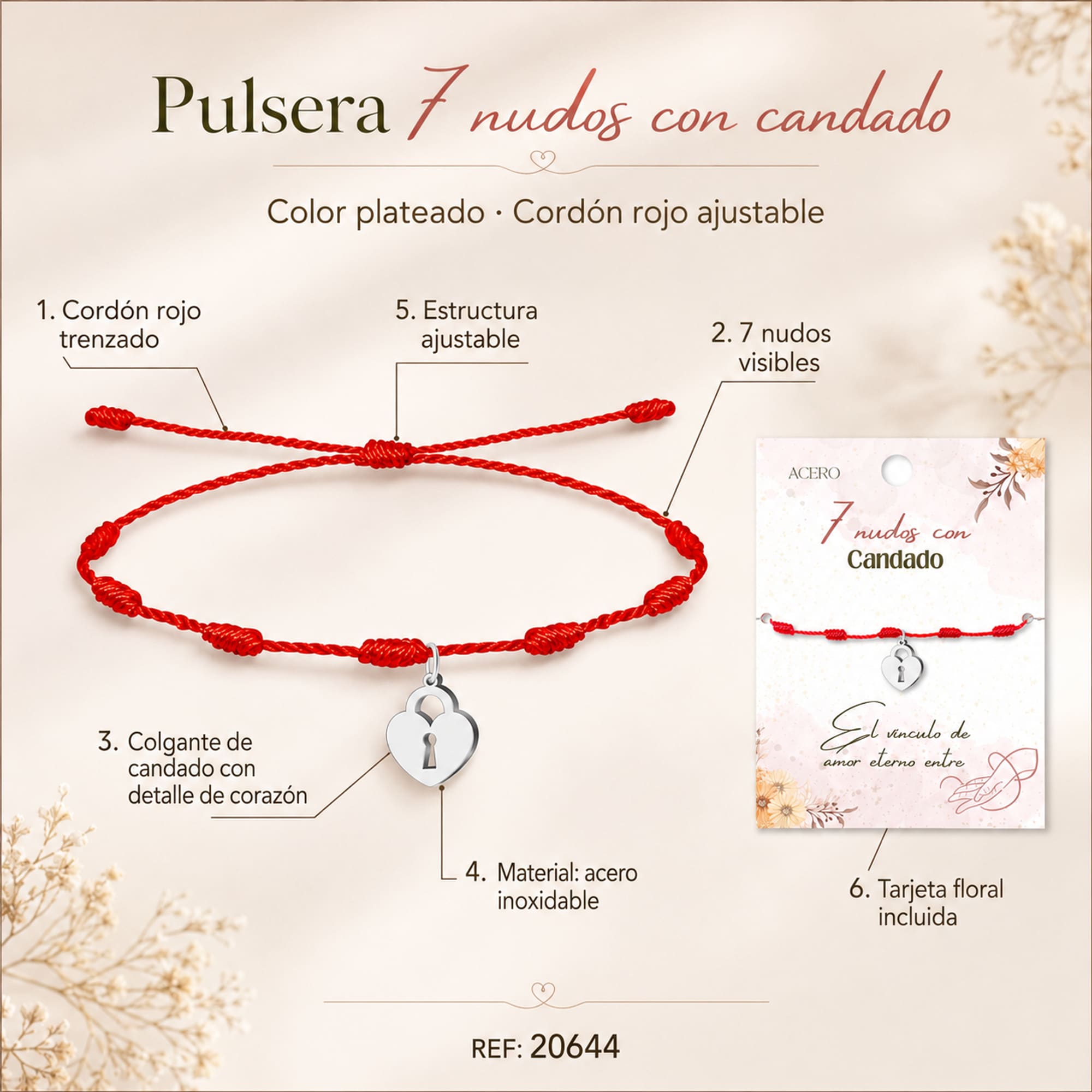 PULSERA 7 NUDOS CON CANDADO COLOR PLATEADO