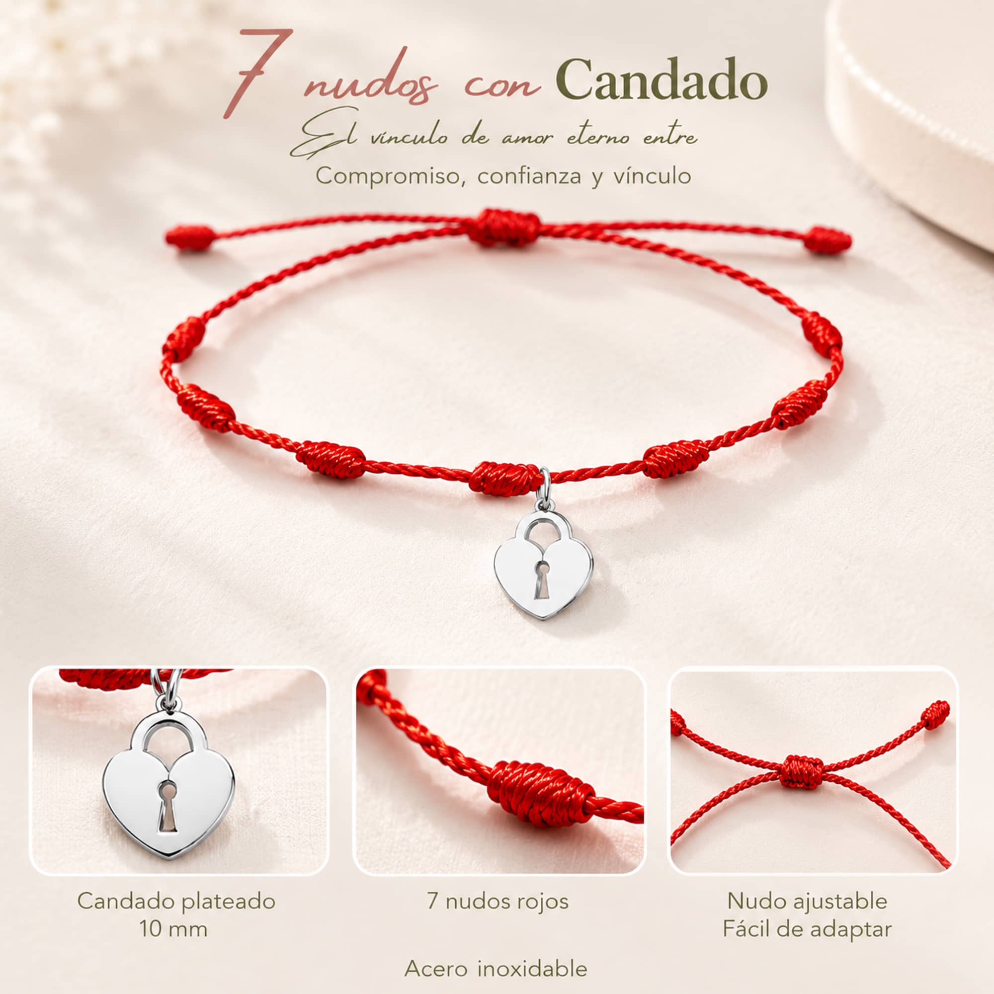 PULSERA 7 NUDOS CON CANDADO COLOR PLATEADO