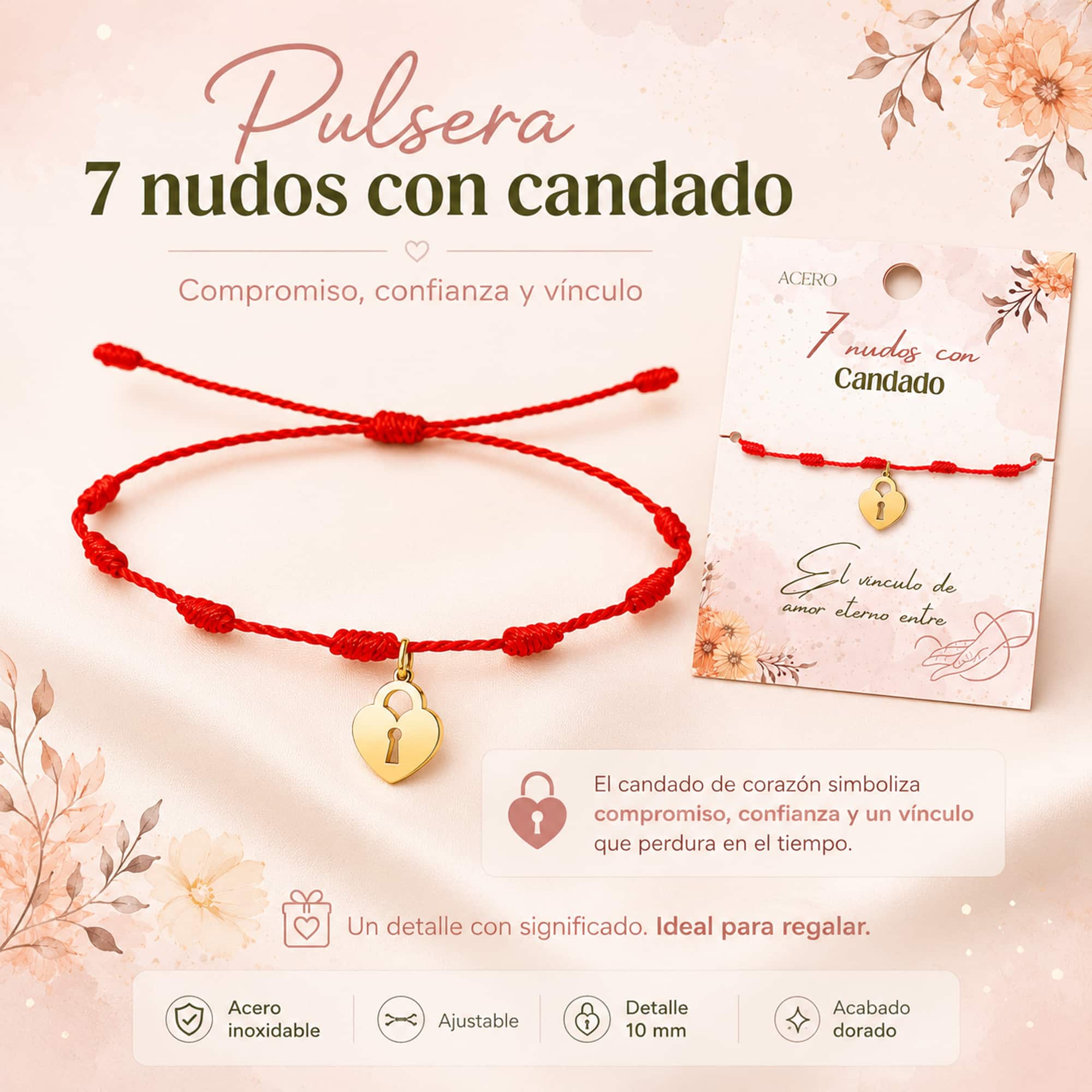 PULSERA 7 NUDOS CON CANDADO COLOR DORADO